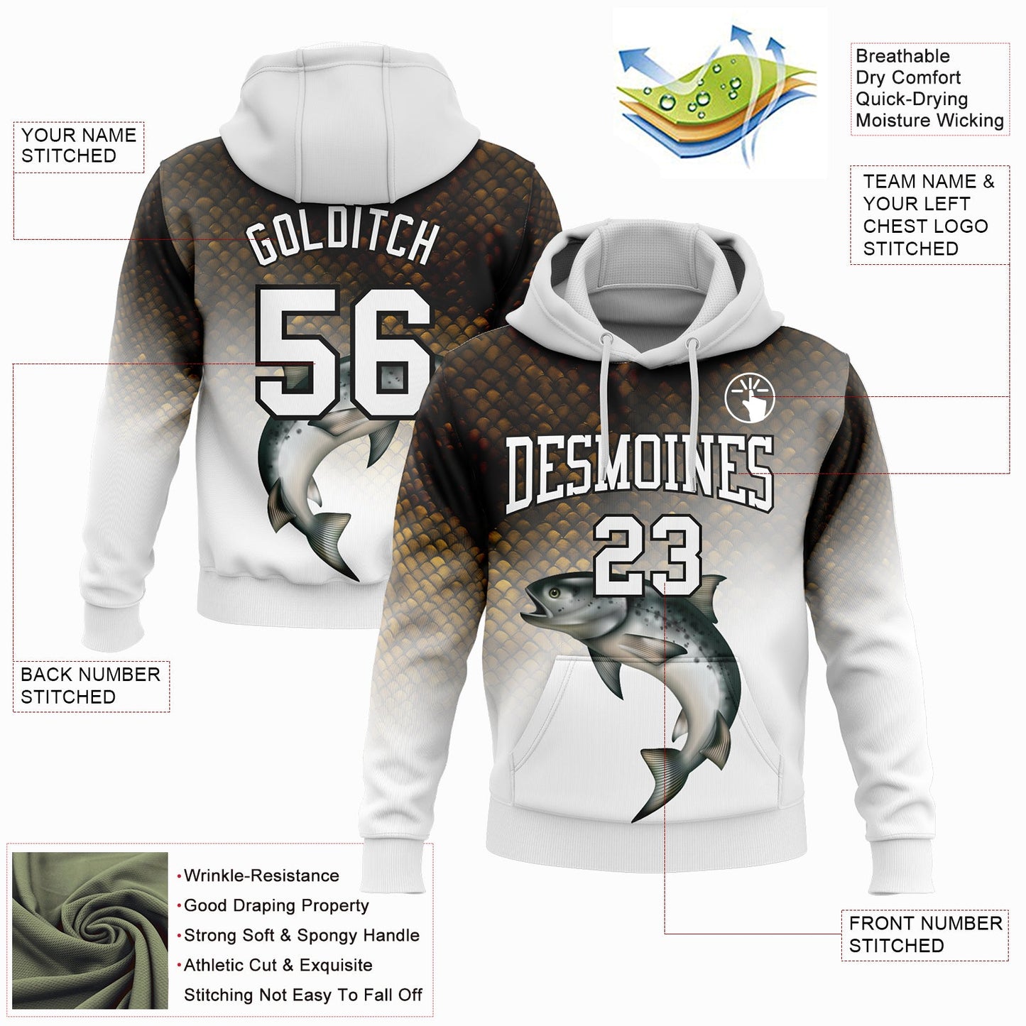 Custom Stitched White Black-Old Gold 3D Rainbow Trout Fish Fishing Sports Pullover Sweatshirt Hoodie view 2