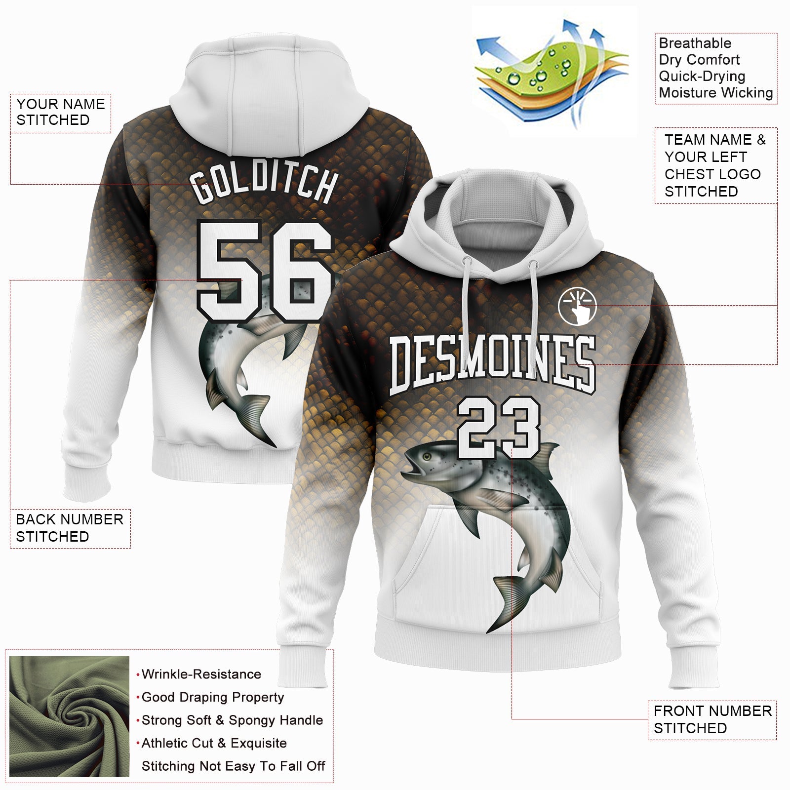 Custom Stitched White Black-Old Gold 3D Rainbow Trout Fish Fishing Sports Pullover Sweatshirt Hoodie view 2