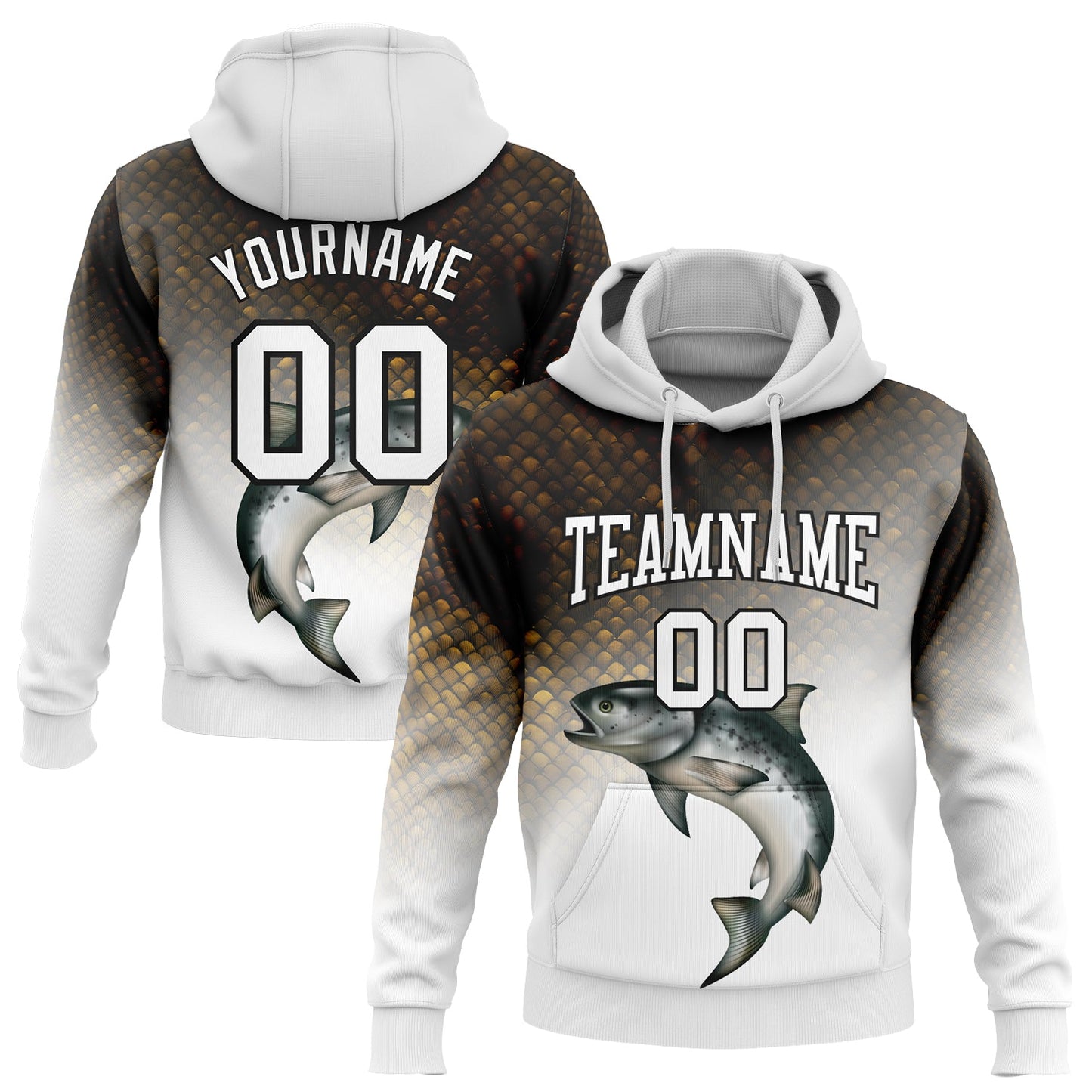 Custom Stitched White Black-Old Gold 3D Rainbow Trout Fish Fishing Sports Pullover Sweatshirt Hoodie - Main View