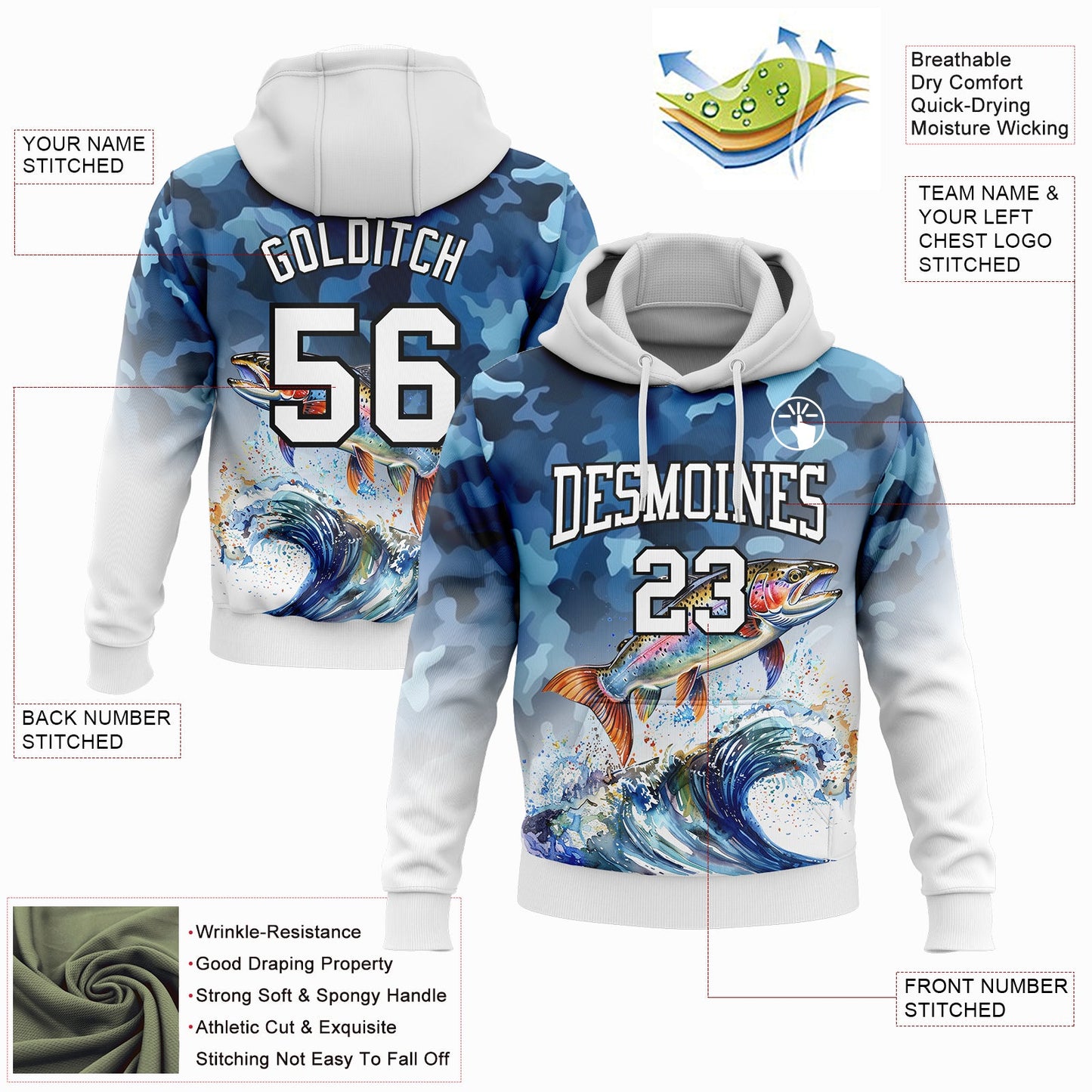 Custom Stitched Camo White-Black 3D Rainbow Trout Fish Fishing Sports Pullover Sweatshirt Hoodie view 2