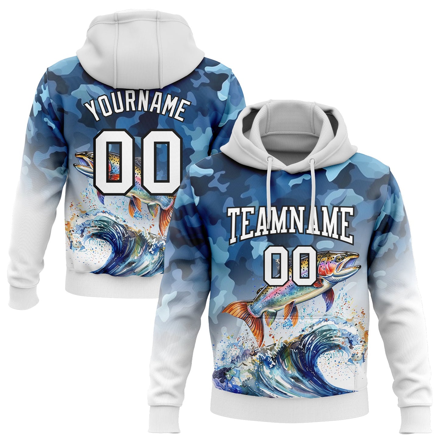 Custom Stitched Camo White-Black 3D Rainbow Trout Fish Fishing Sports Pullover Sweatshirt Hoodie - Main View