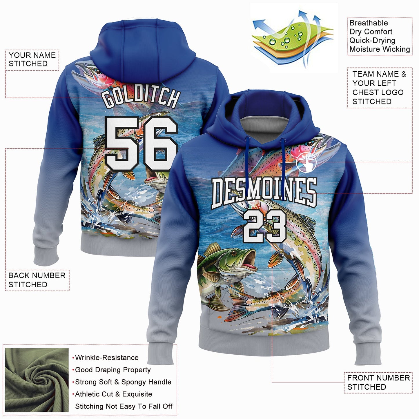 Custom Stitched Royal Light Gray-Black 3D Rainbow Trout And Largemouth Bass Fish Fishing Sports Pullover Sweatshirt Hoodie view 2