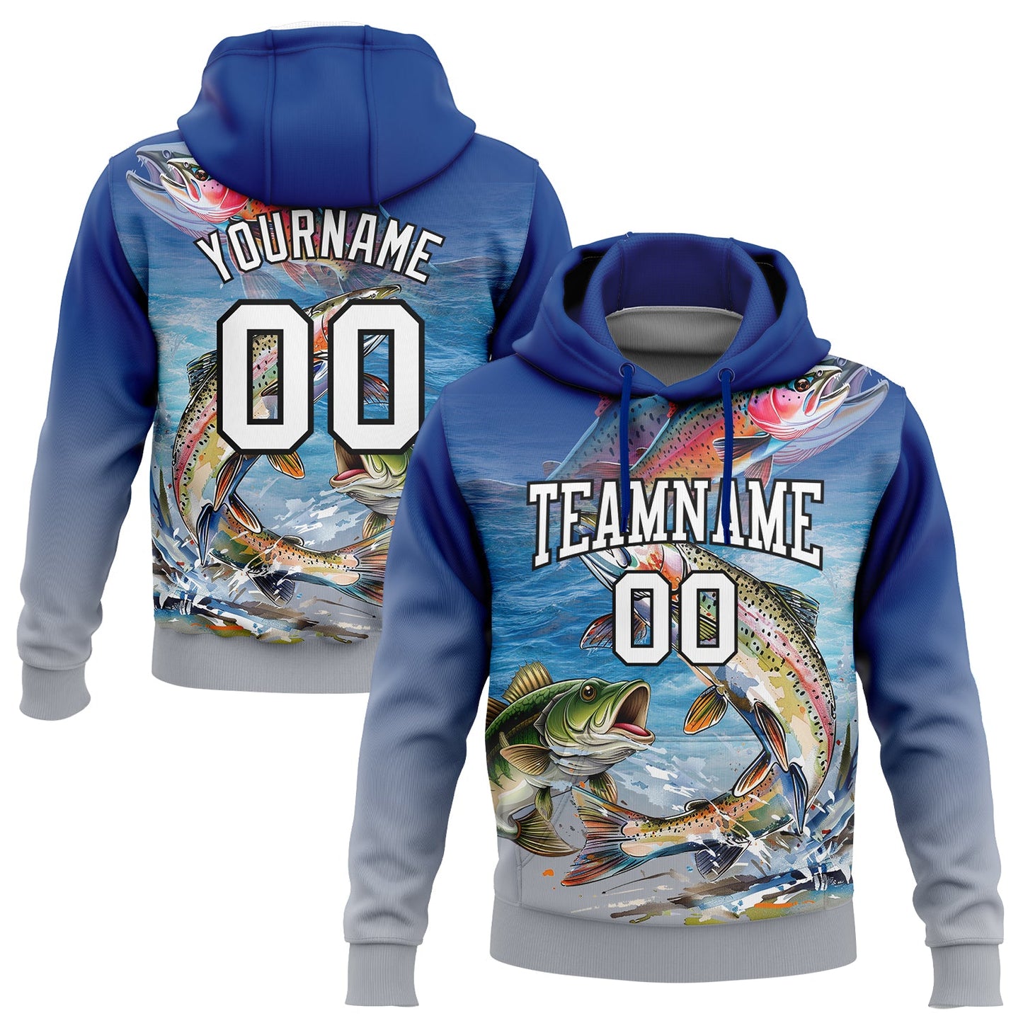 Custom Stitched Royal Light Gray-Black 3D Rainbow Trout And Largemouth Bass Fish Fishing Sports Pullover Sweatshirt Hoodie - Main View