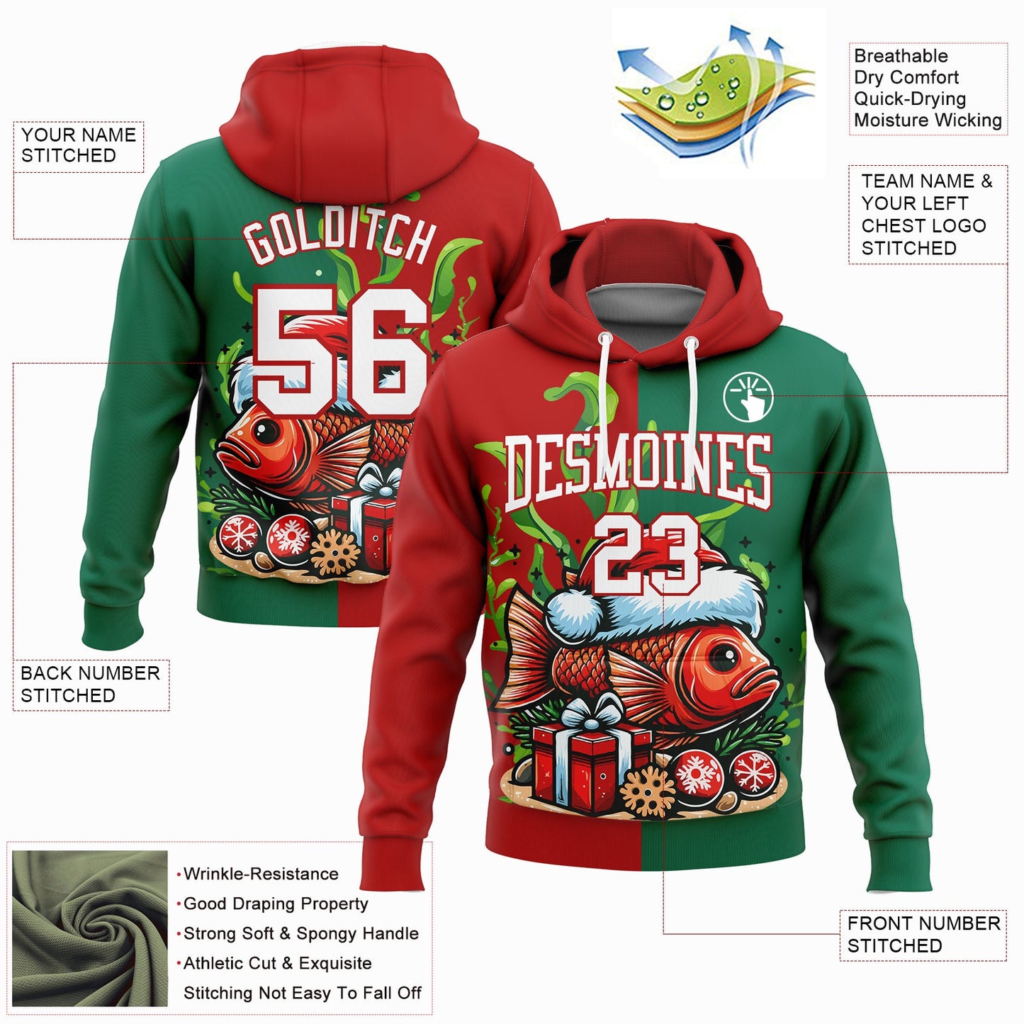 Custom Stitched Kelly Green White-Red 3D Christmas Carp Fish Fishing Sports Pullover Sweatshirt Hoodie view 2