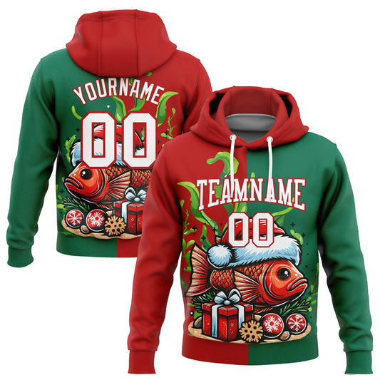 Custom Stitched Kelly Green White-Red 3D Christmas Carp Fish Fishing Sports Pullover Sweatshirt Hoodie - Main View