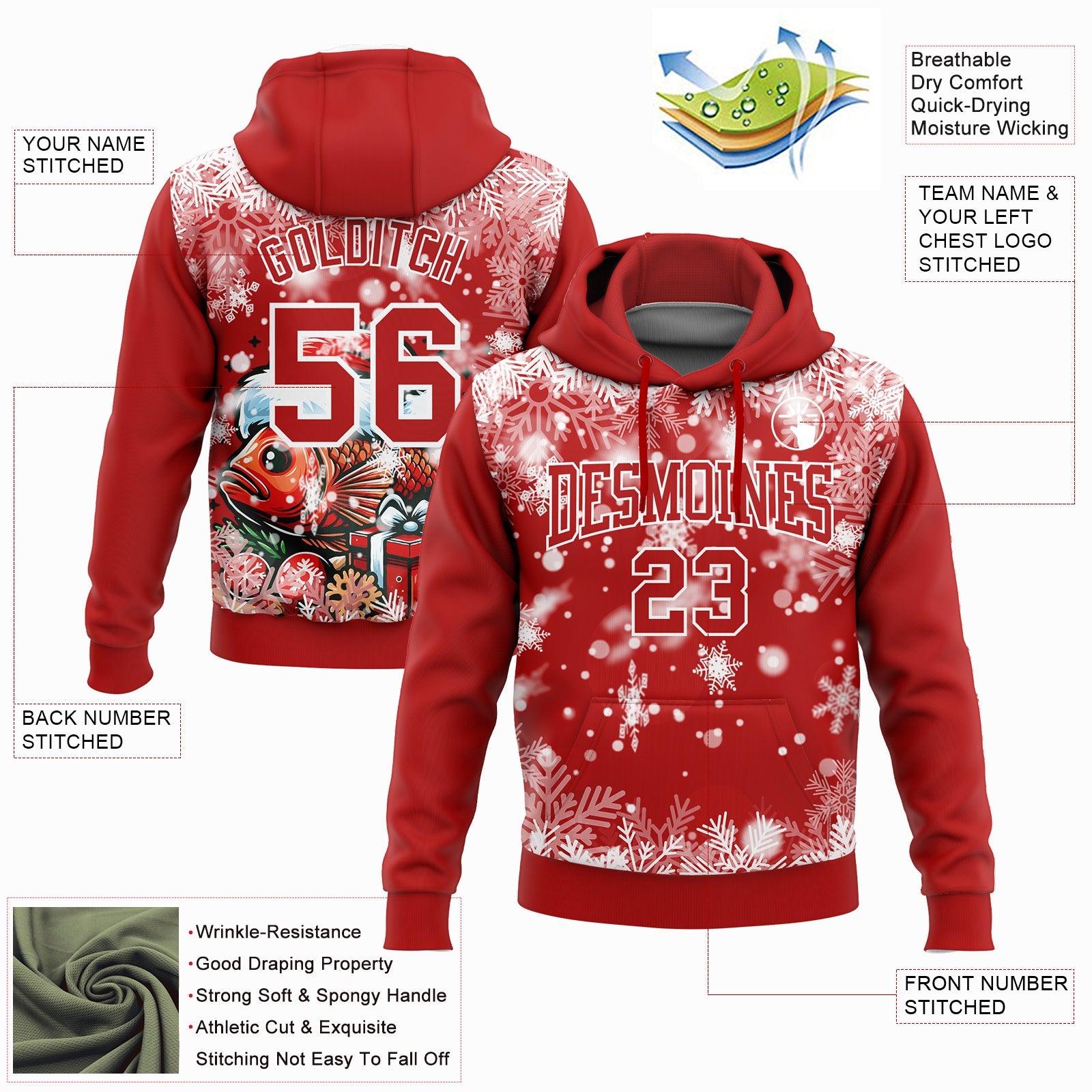 Custom Stitched Red White 3D Christmas Carp Fish Fishing Sports Pullover Sweatshirt Hoodie view 2