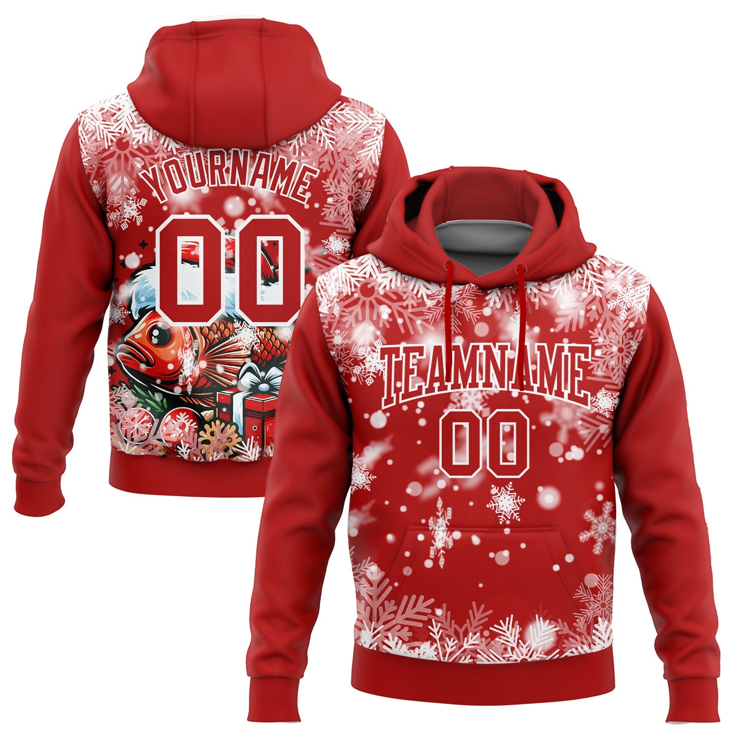 Custom Stitched Red White 3D Christmas Carp Fish Fishing Sports Pullover Sweatshirt Hoodie - Main View