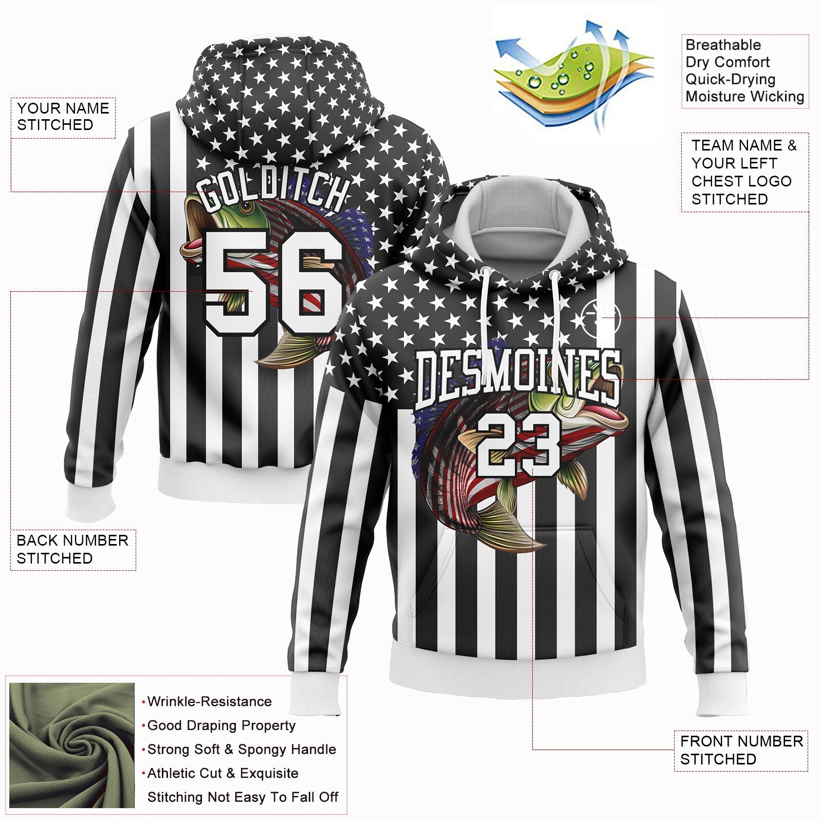 Custom Stitched Black White 3D American Flag And Smallmouth Bass Fish Fishing Sports Pullover Sweatshirt Hoodie view 2