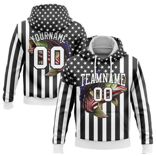 Custom Stitched Black White 3D American Flag And Smallmouth Bass Fish Fishing Sports Pullover Sweatshirt Hoodie - Main View