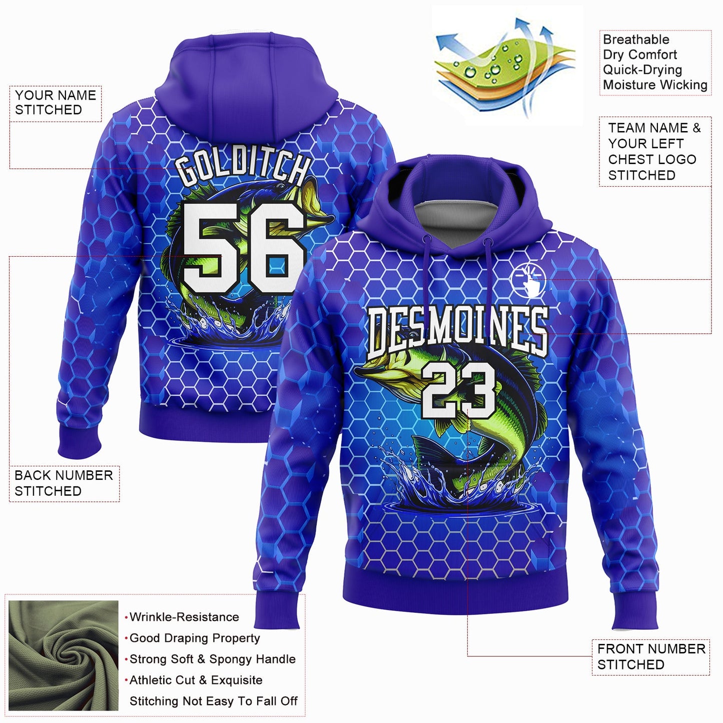 Custom Stitched Thunder Blue Purple-Black 3D Smallmouth Bass Fish Fishing Sports Pullover Sweatshirt Hoodie view 2