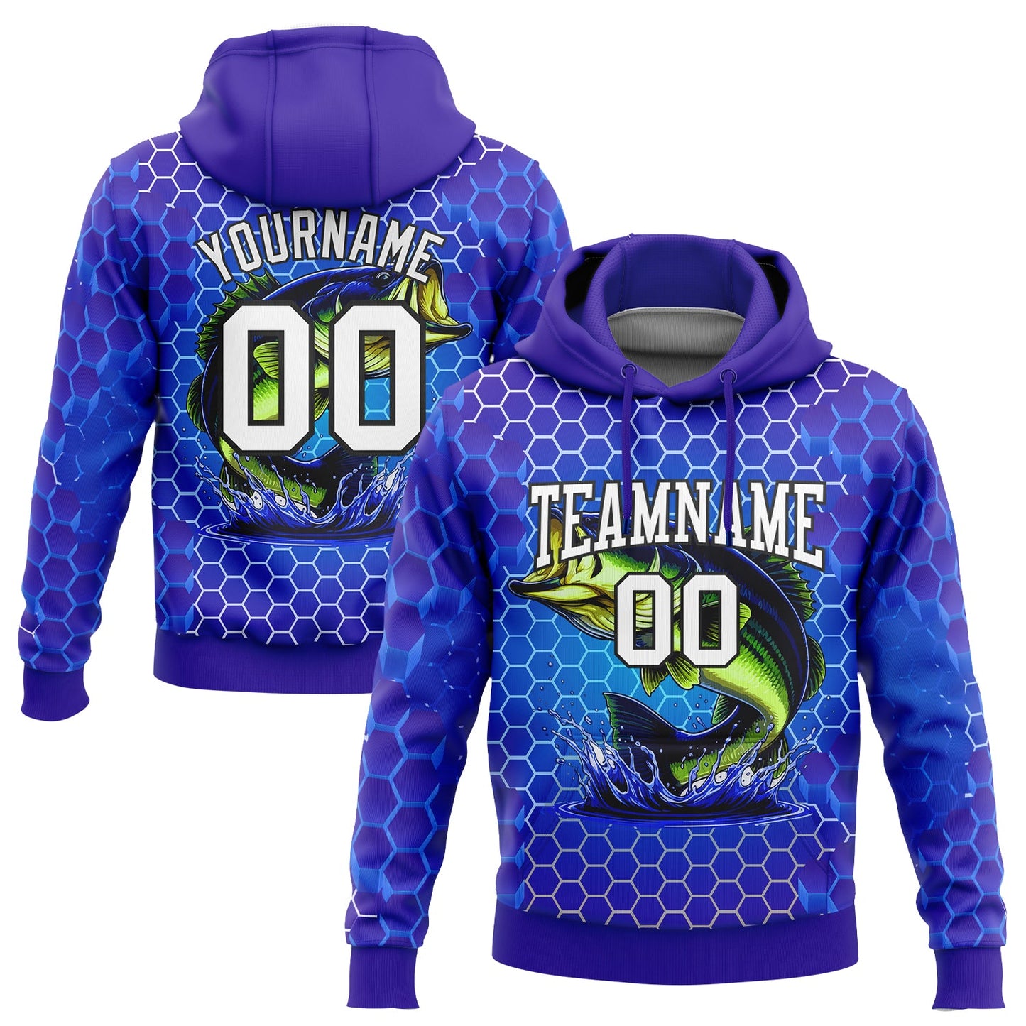 Custom Stitched Thunder Blue Purple-Black 3D Smallmouth Bass Fish Fishing Sports Pullover Sweatshirt Hoodie - Main View