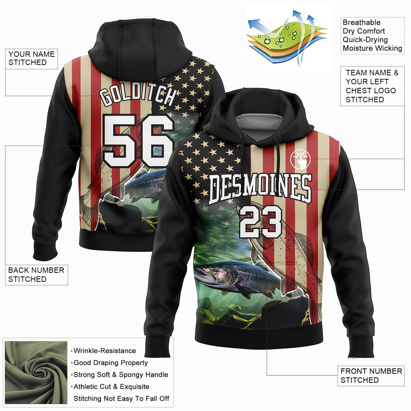 Custom Stitched Black City Cream-Red 3D American Flag And Atlantic Salmon Fish Fishing Sports Pullover Sweatshirt Hoodie view 2