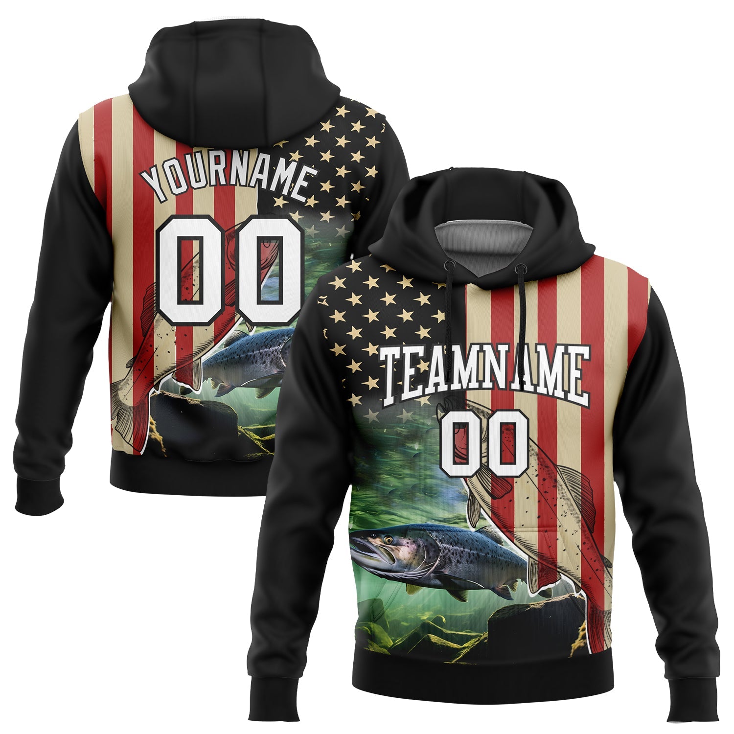 Custom Stitched Black City Cream-Red 3D American Flag And Atlantic Salmon Fish Fishing Sports Pullover Sweatshirt Hoodie - Main View