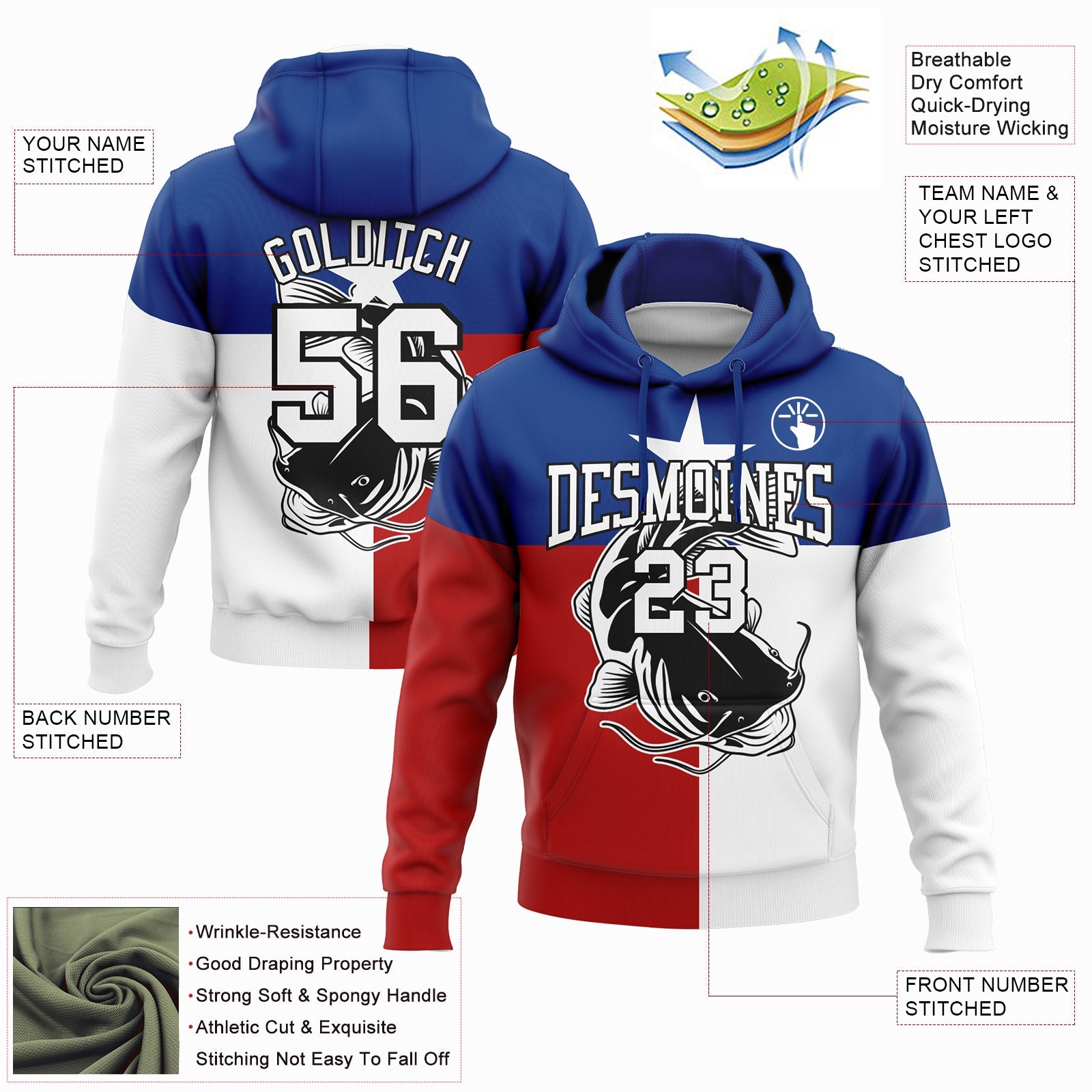 Custom Stitched Royal Red-Black 3D Catfish Fish Fishing Sports Pullover Sweatshirt Hoodie view 2