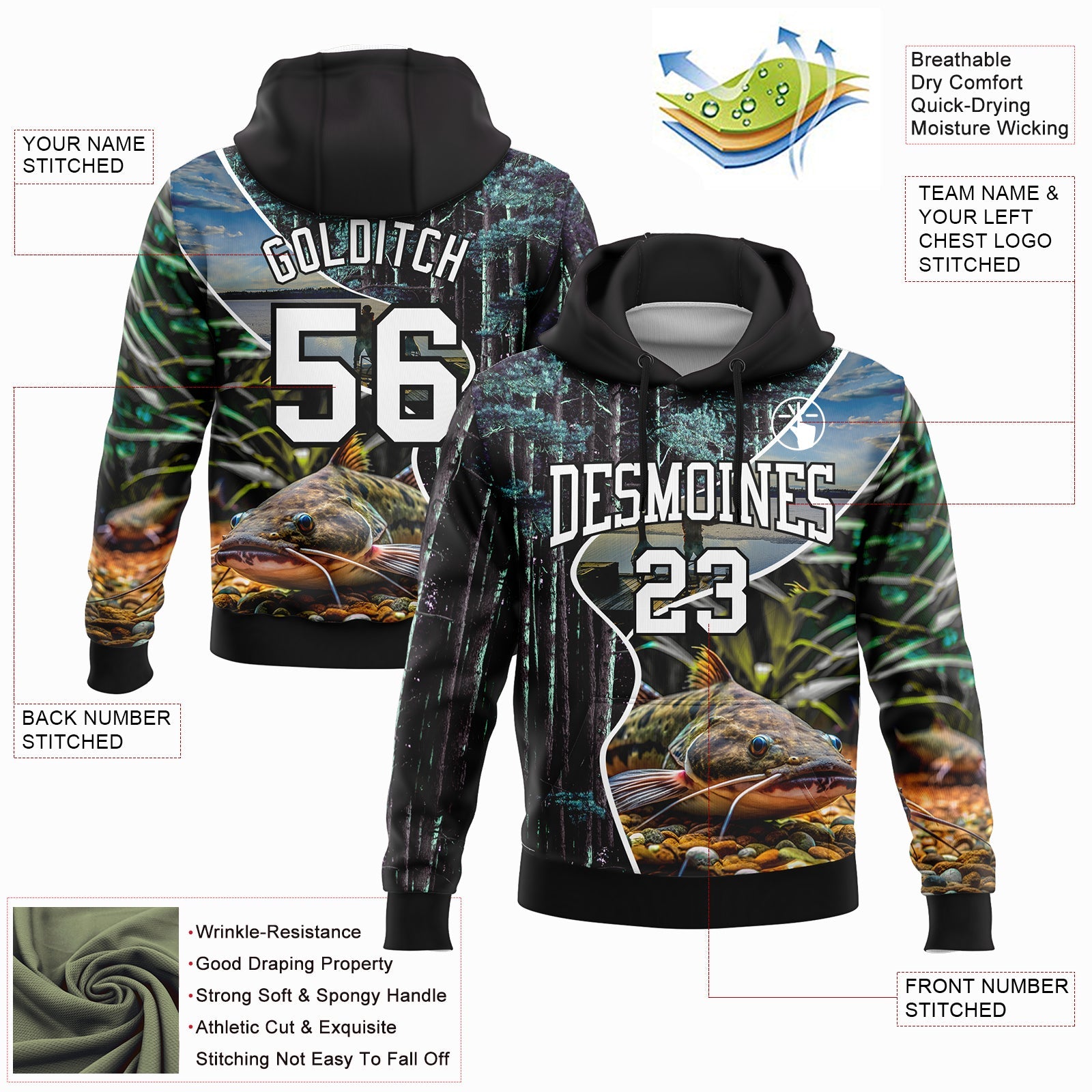 Custom Stitched Black White 3D Flathead Catfish Fish Fishing Sports Pullover Sweatshirt Hoodie view 2