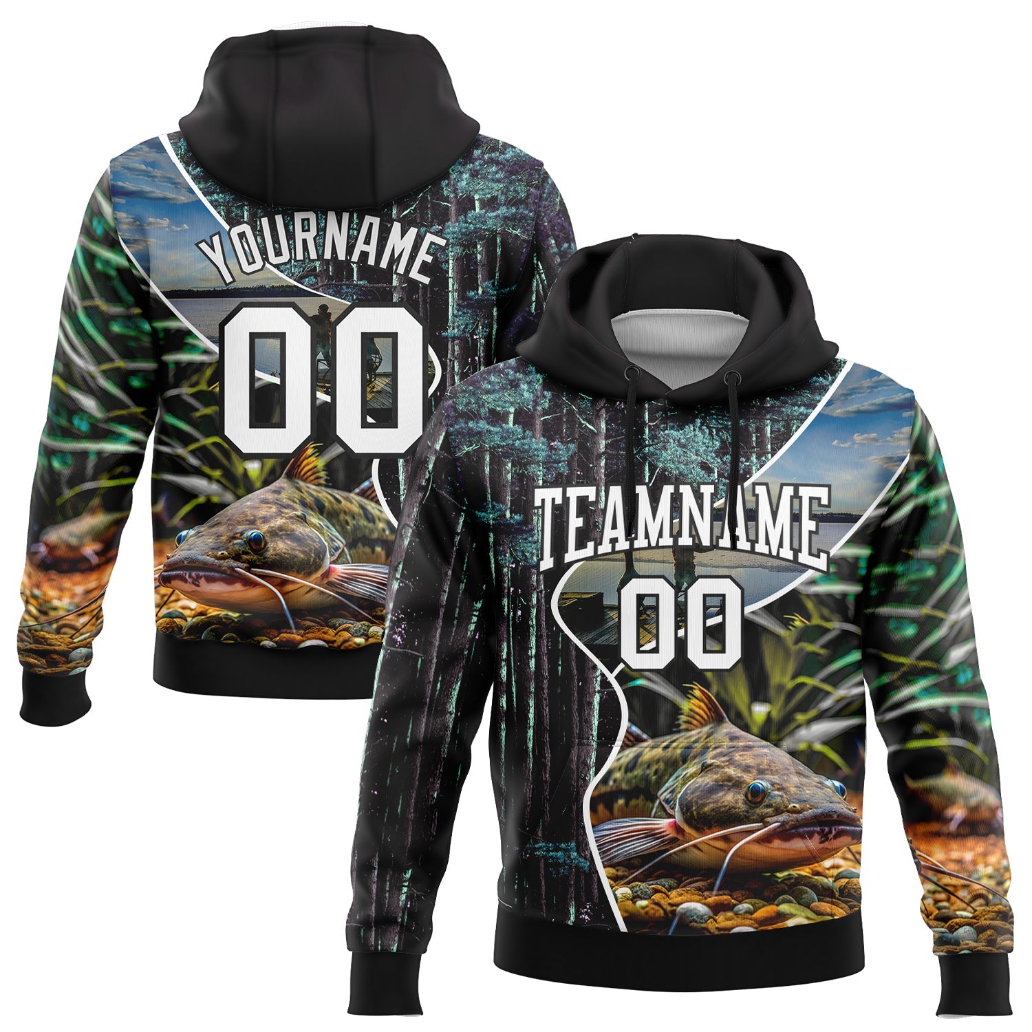 Custom Stitched Black White 3D Flathead Catfish Fish Fishing Sports Pullover Sweatshirt Hoodie - Main View