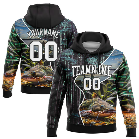 Custom Stitched Black White 3D Flathead Catfish Fish Fishing Sports Pullover Sweatshirt Hoodie - Main View