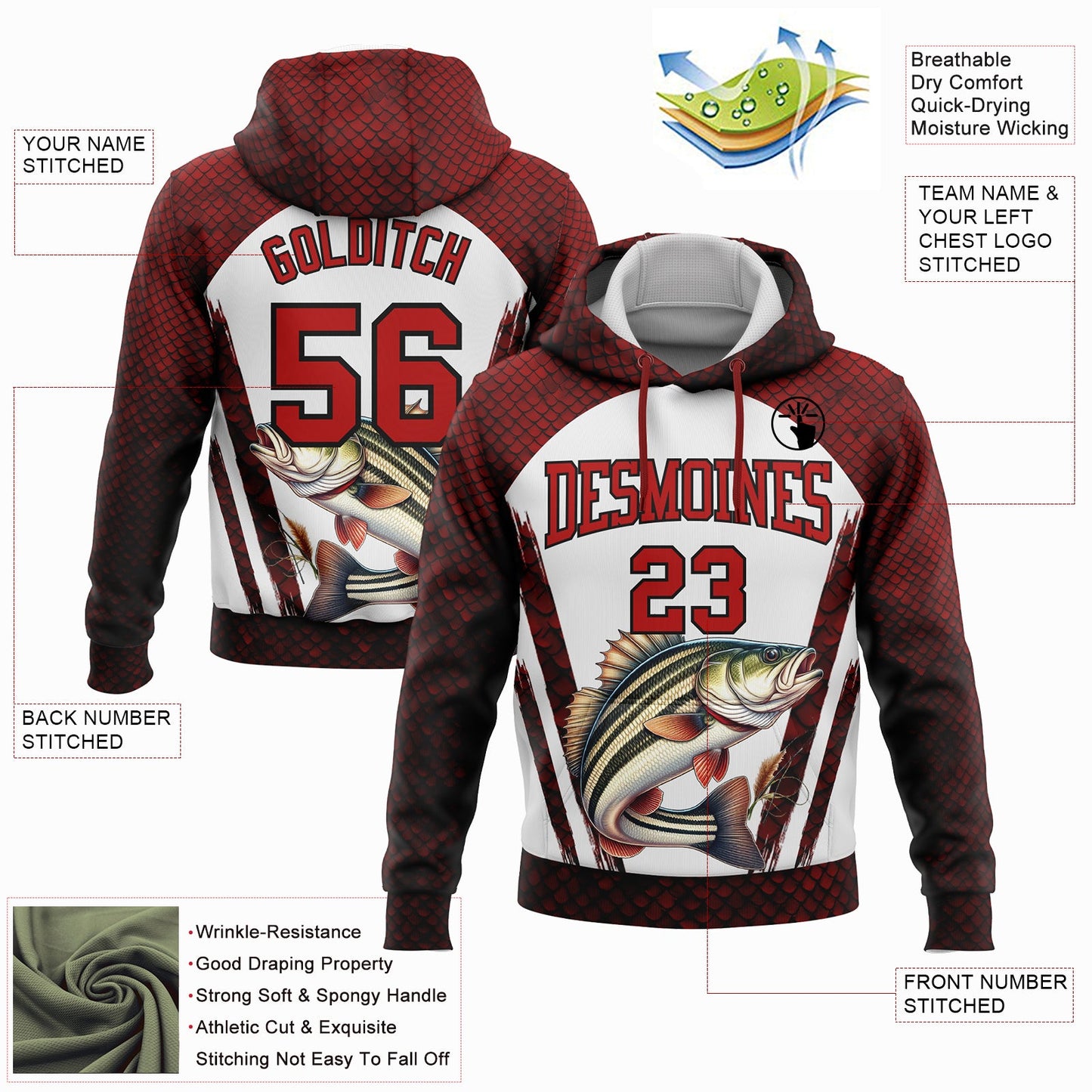 Custom Stitched Red Black-White 3D Northern Pike Fish Fishing Sports Pullover Sweatshirt Hoodie view 2