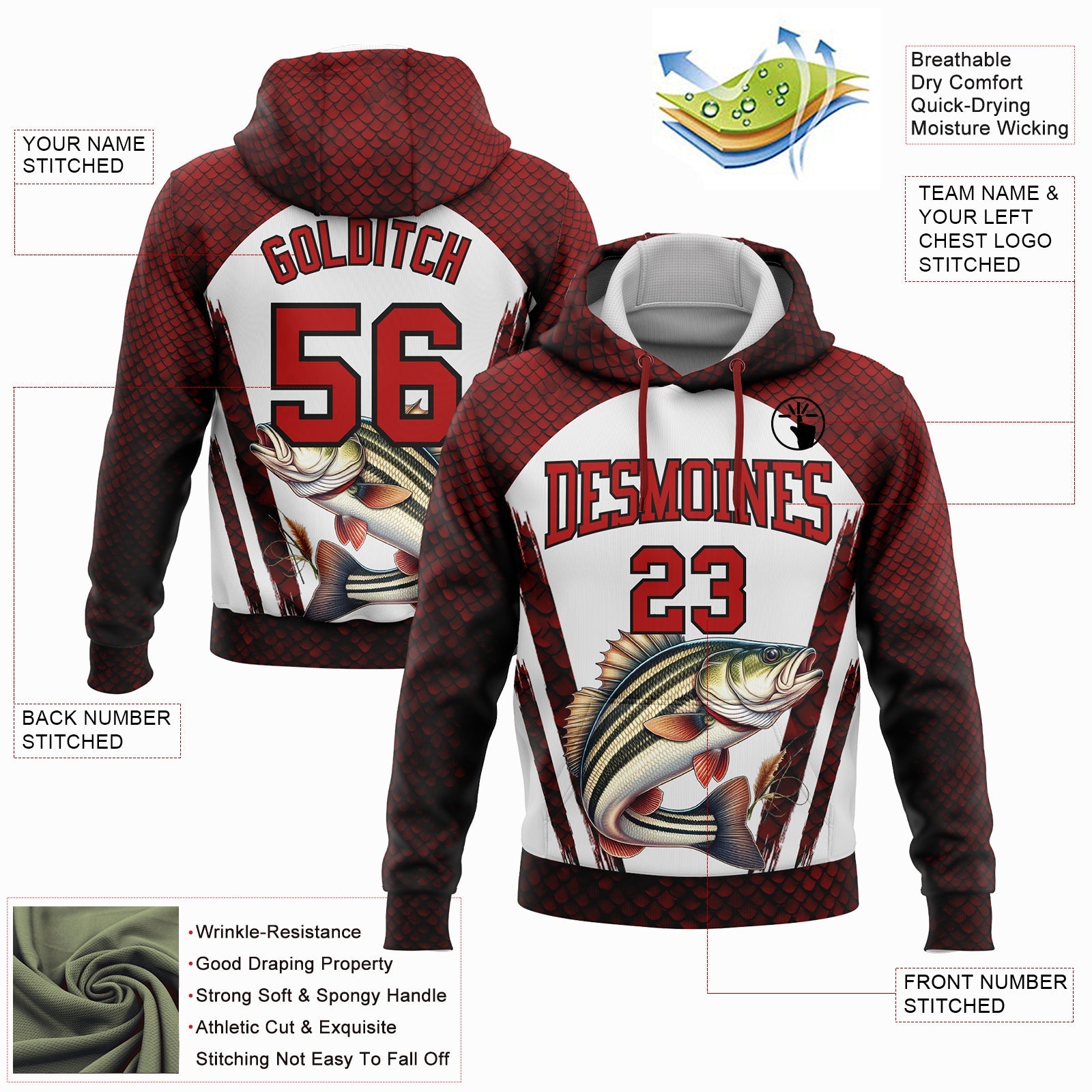 Custom Stitched Red Black-White 3D Northern Pike Fish Fishing Sports Pullover Sweatshirt Hoodie view 2