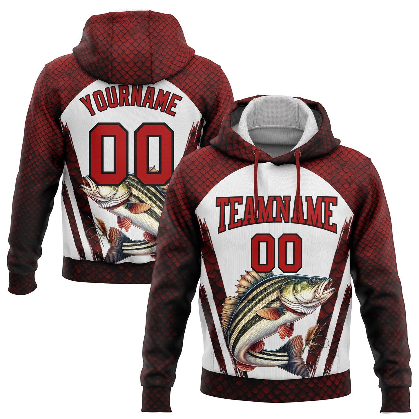Custom Stitched Red Black-White 3D Northern Pike Fish Fishing Sports Pullover Sweatshirt Hoodie - Main View