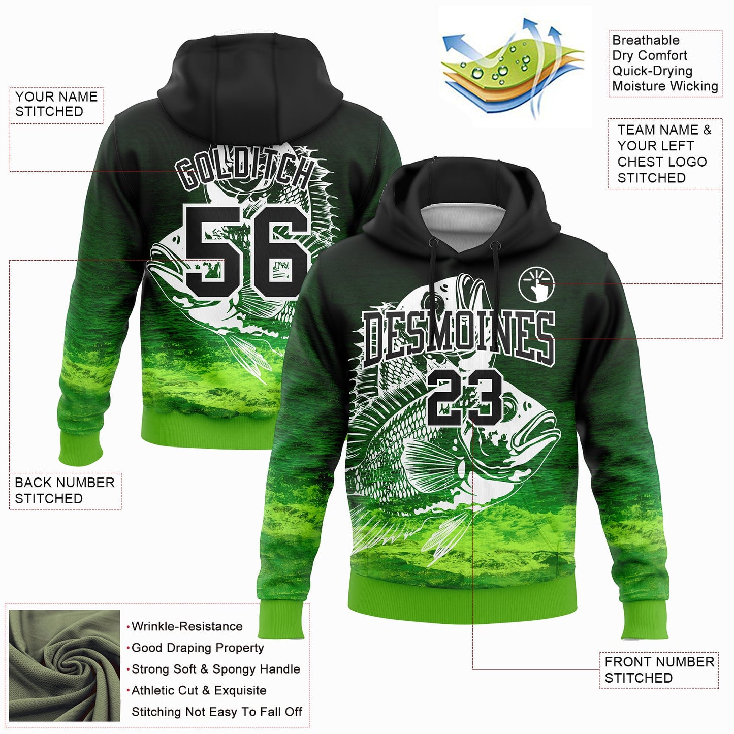 Custom Stitched Black Aurora Green-White 3D Bluegill Fish Fishing Sports Pullover Sweatshirt Hoodie view 2