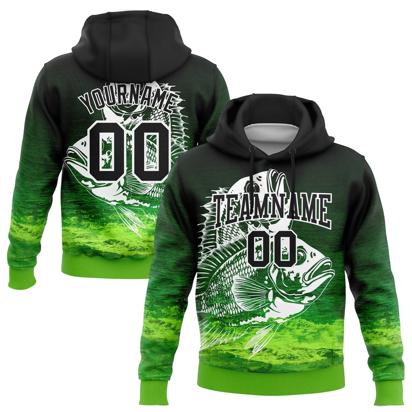 Custom Stitched Black Aurora Green-White 3D Bluegill Fish Fishing Sports Pullover Sweatshirt Hoodie - Main View