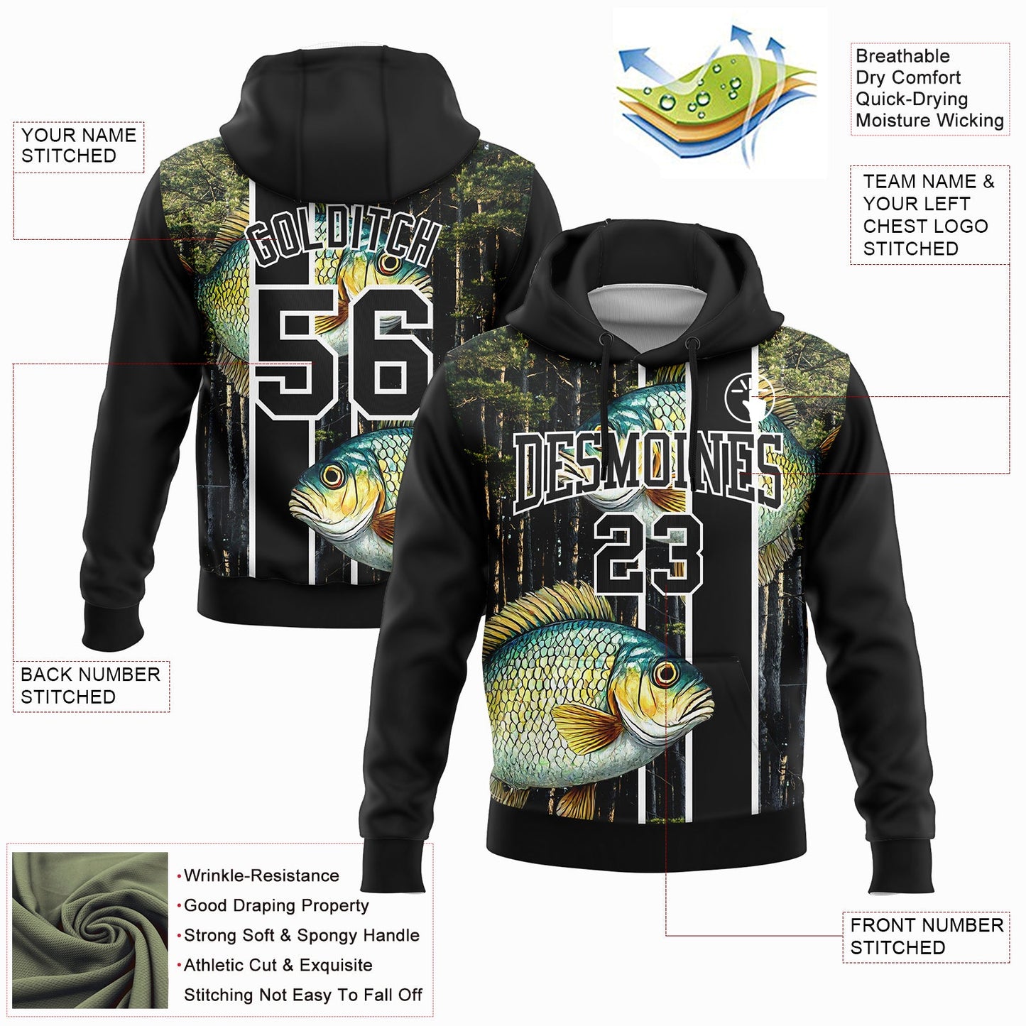 Custom Stitched Black White 3D Bluegill Fish Fishing Sports Pullover Sweatshirt Hoodie view 2