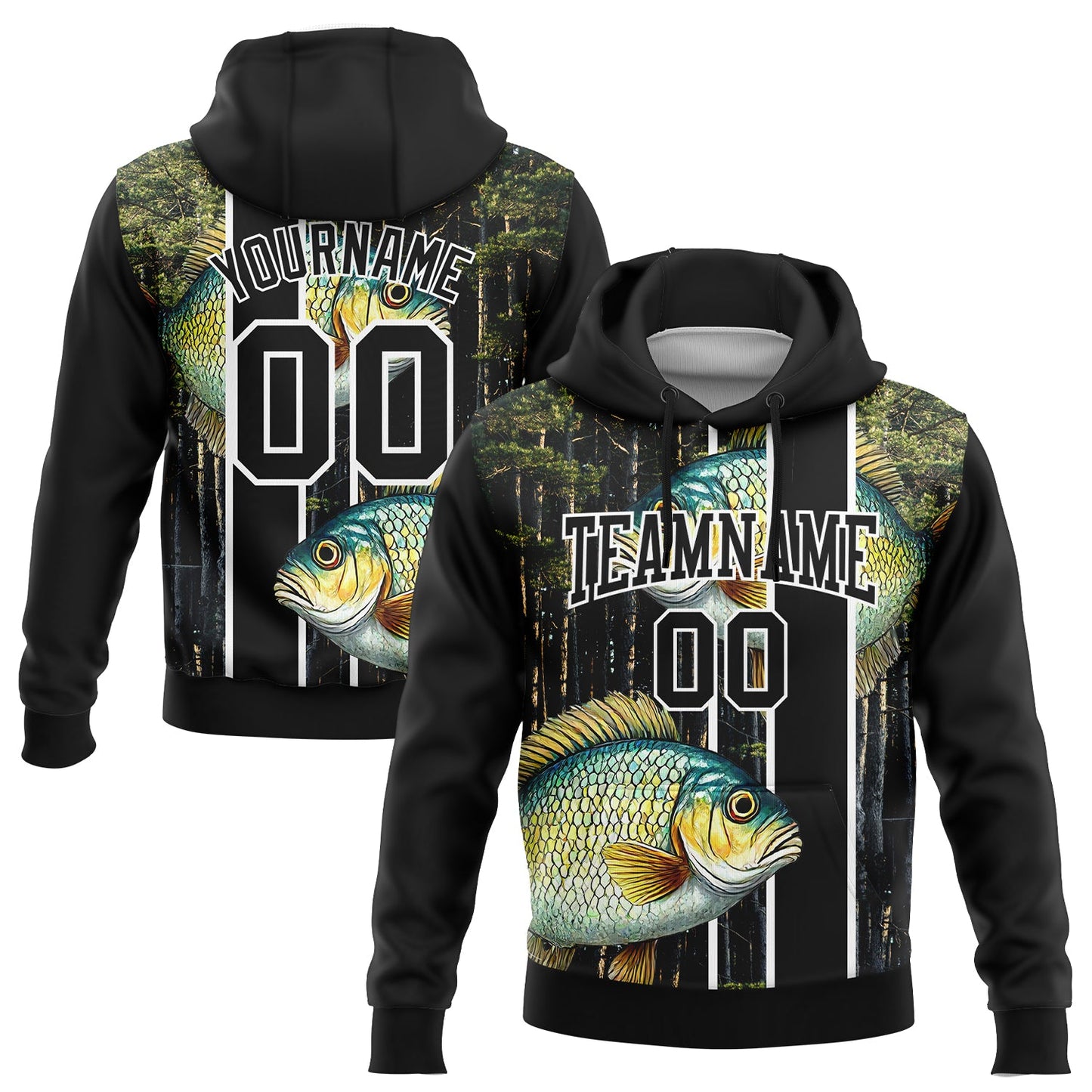 Custom Stitched Black White 3D Bluegill Fish Fishing Sports Pullover Sweatshirt Hoodie - Main View