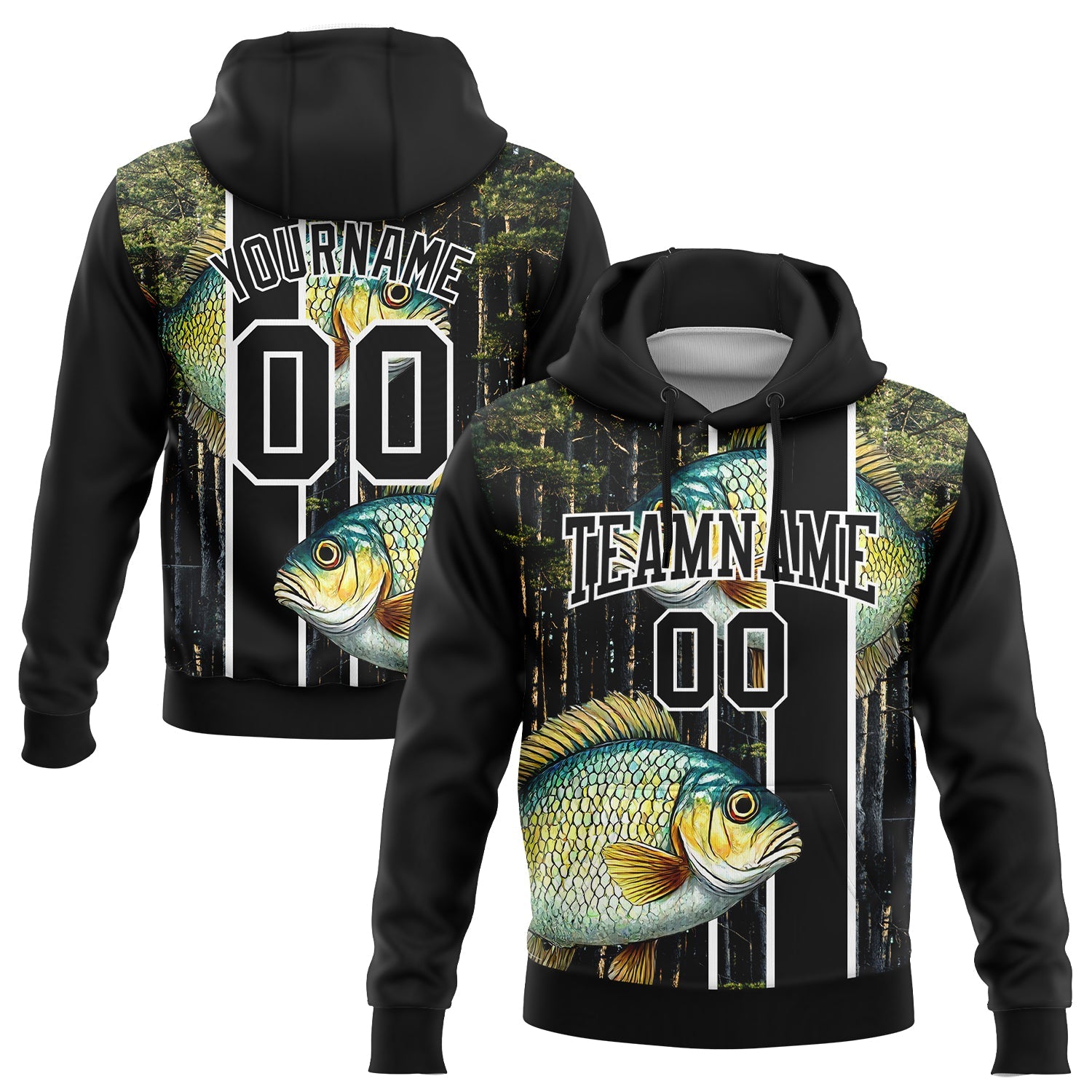 Custom Stitched Black White 3D Bluegill Fish Fishing Sports Pullover Sweatshirt Hoodie - Main View