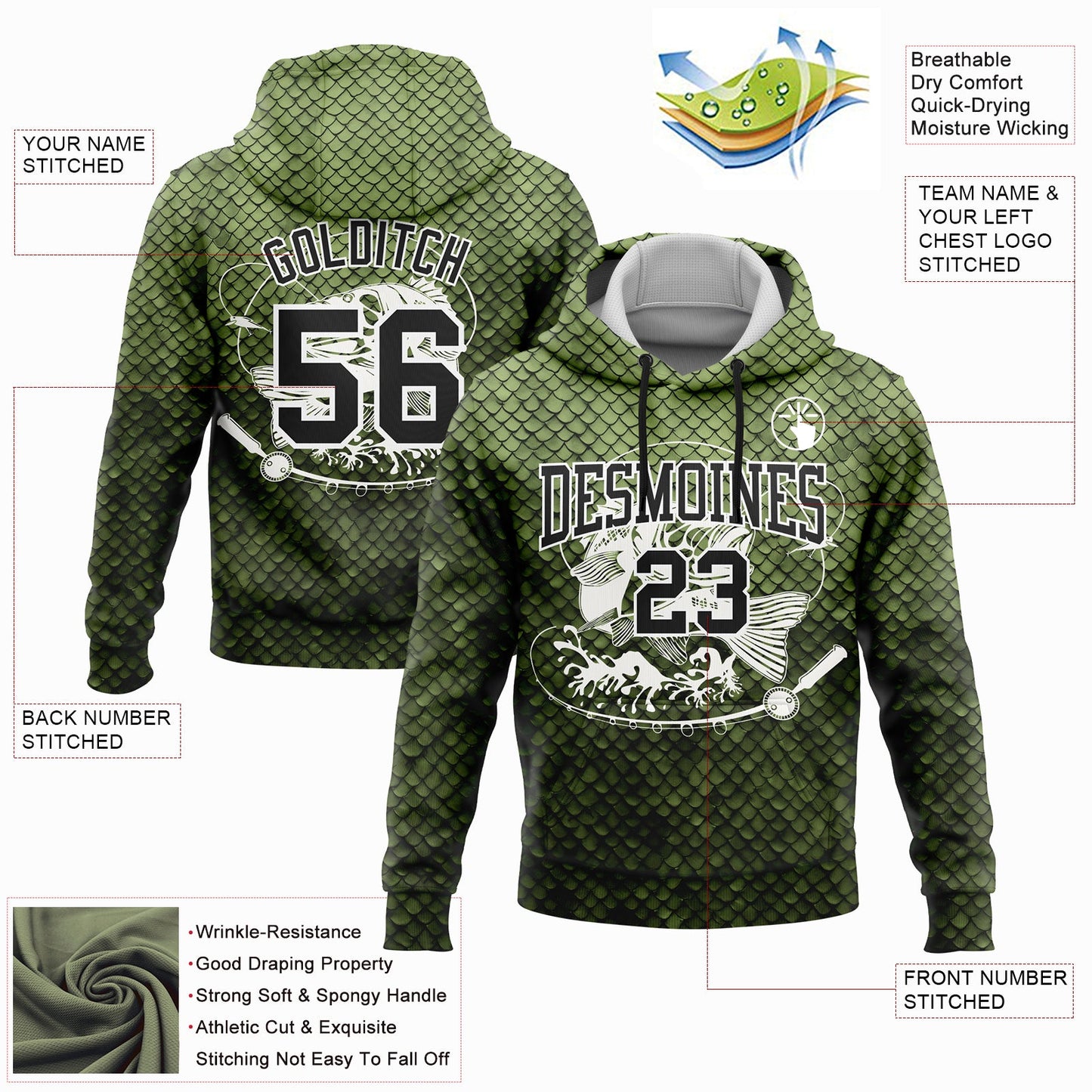 Custom Stitched Neon Green Black-White 3D Smallmouth Bass Fish Fishing Sports Pullover Sweatshirt Hoodie view 2