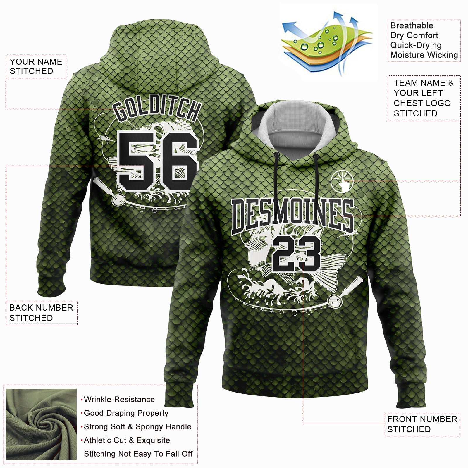 Custom Stitched Neon Green Black-White 3D Smallmouth Bass Fish Fishing Sports Pullover Sweatshirt Hoodie view 2