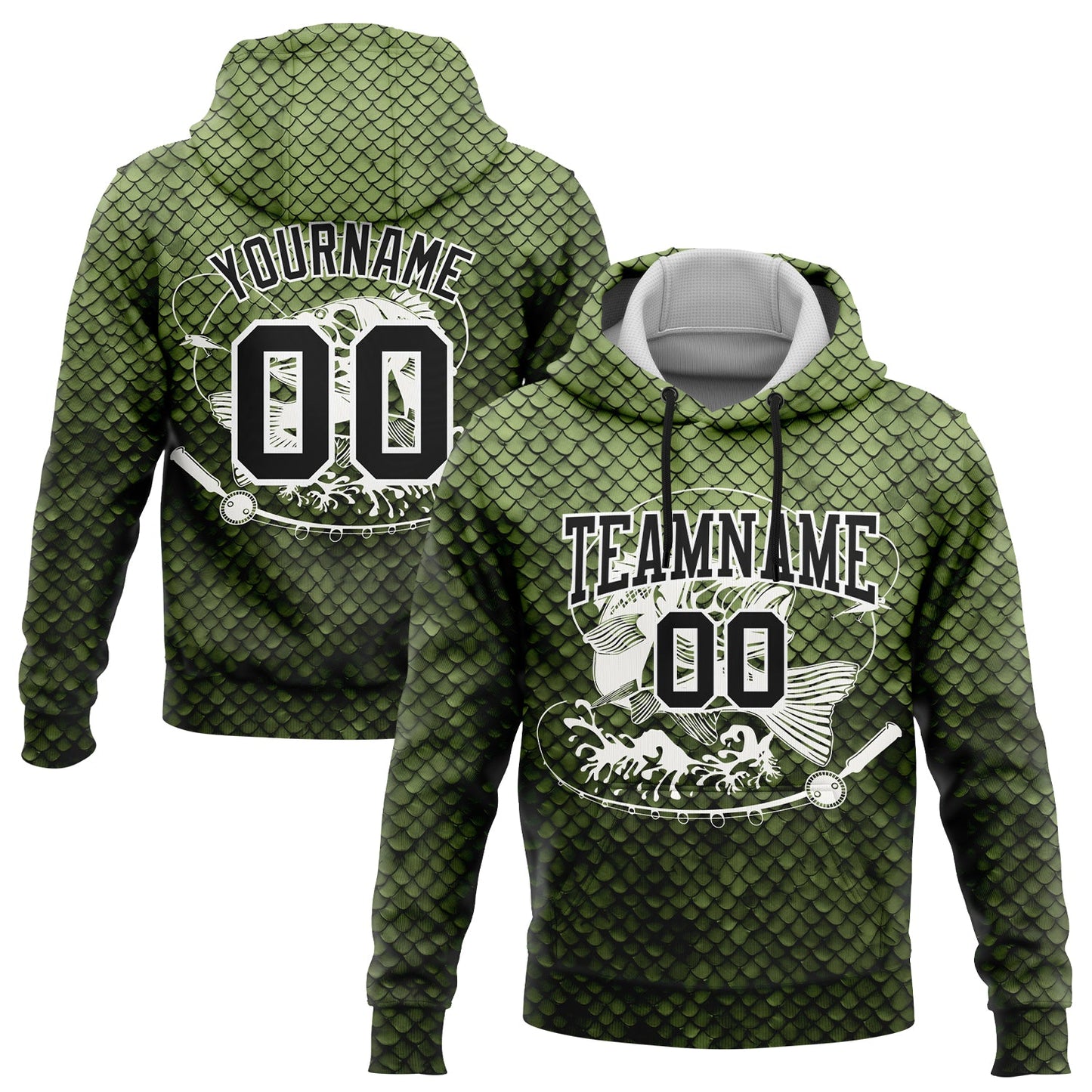 Custom Stitched Neon Green Black-White 3D Smallmouth Bass Fish Fishing Sports Pullover Sweatshirt Hoodie - Main View