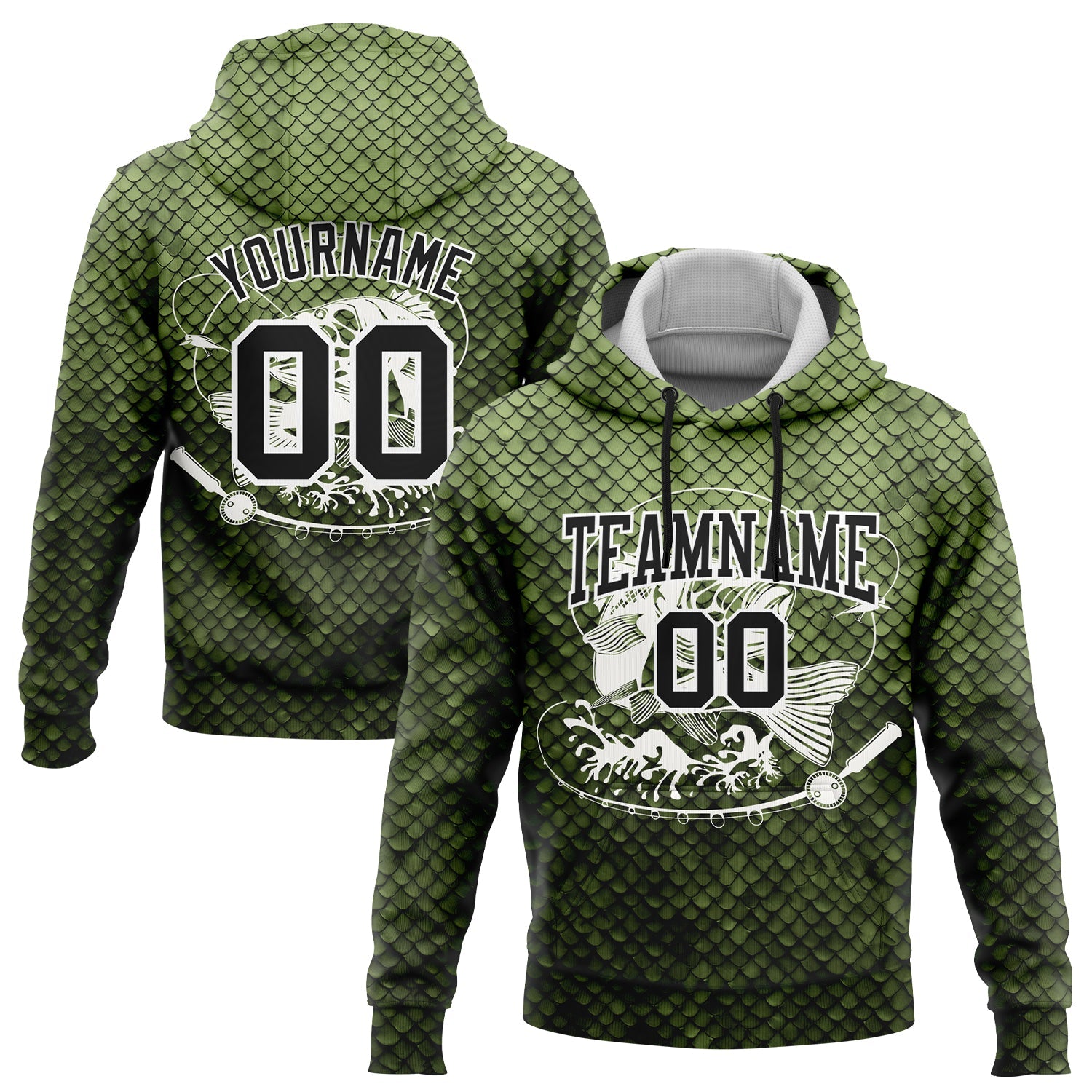 Custom Stitched Neon Green Black-White 3D Smallmouth Bass Fish Fishing Sports Pullover Sweatshirt Hoodie - Main View