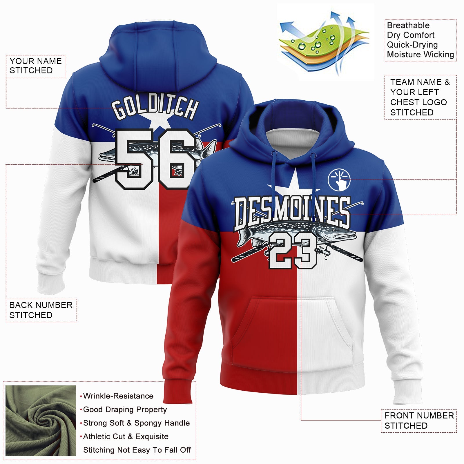 Custom Stitched Royal Red-Black 3D Northern Pike Fish Fishing Sports Pullover Sweatshirt Hoodie view 2