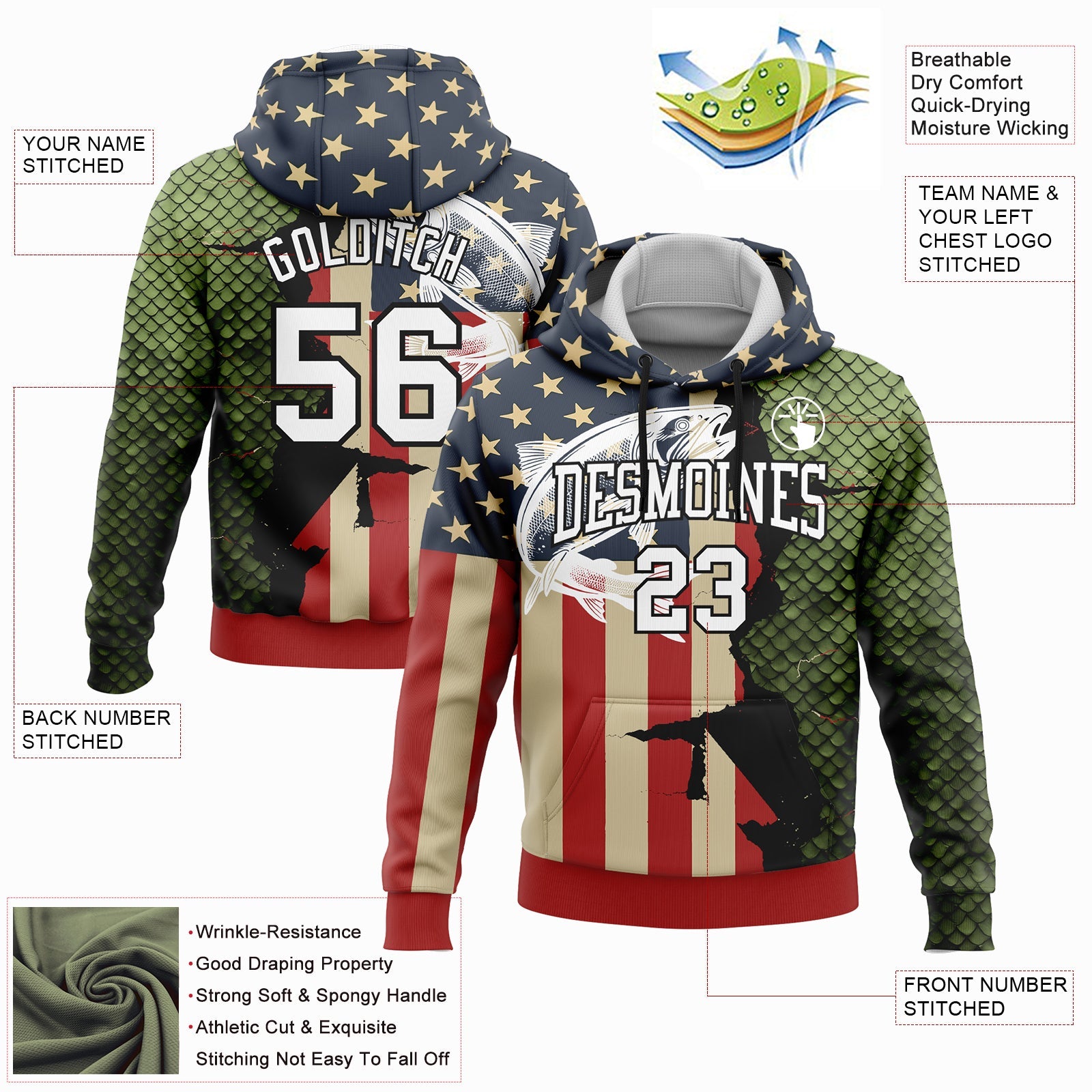 Custom Stitched Navy City Cream Red-Black 3D American Flag And Northern Pike Fish Fishing Sports Pullover Sweatshirt Hoodie view 2