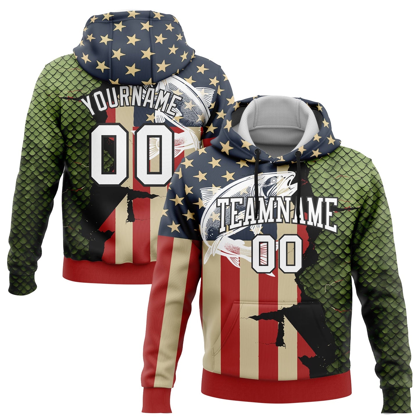 Custom Stitched Navy City Cream Red-Black 3D American Flag And Northern Pike Fish Fishing Sports Pullover Sweatshirt Hoodie - Main View