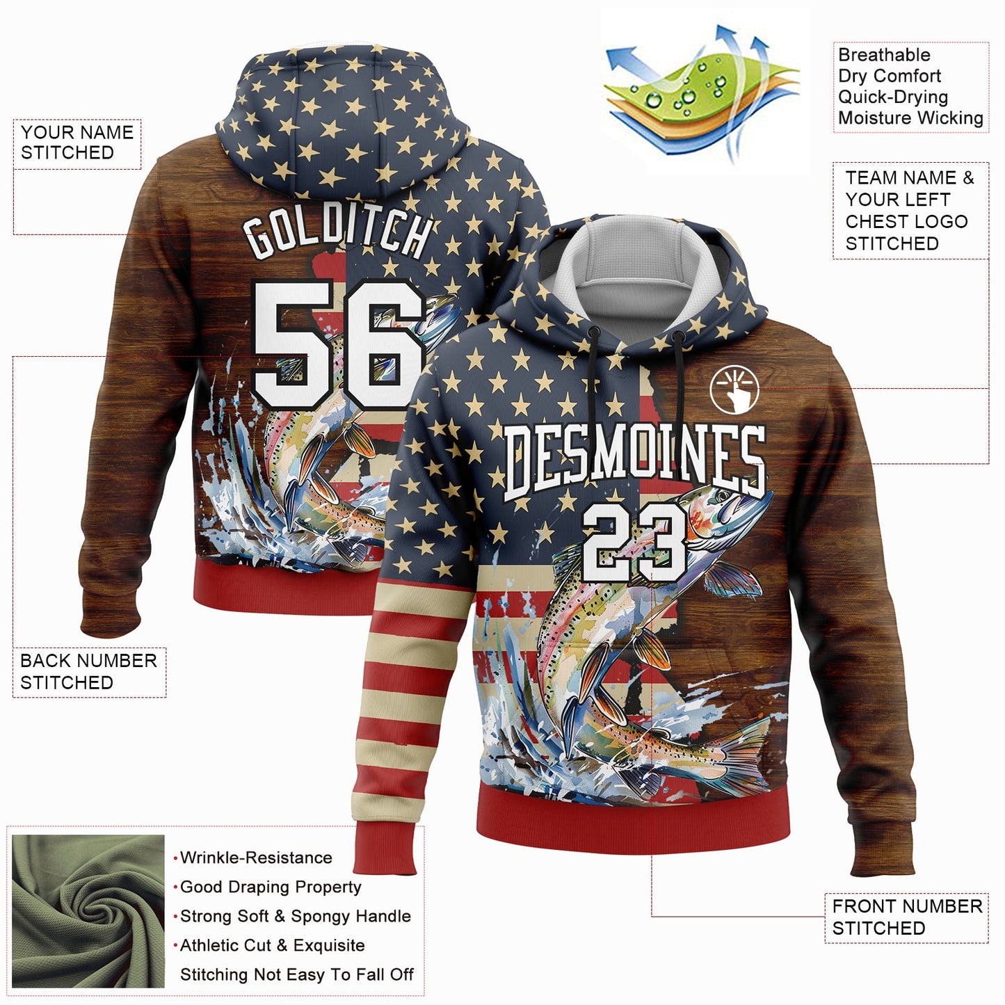 Custom Stitched Navy City Cream Red-Brown 3D American Flag And Rainbow Trout Fish Fishing Sports Pullover Sweatshirt Hoodie view 2