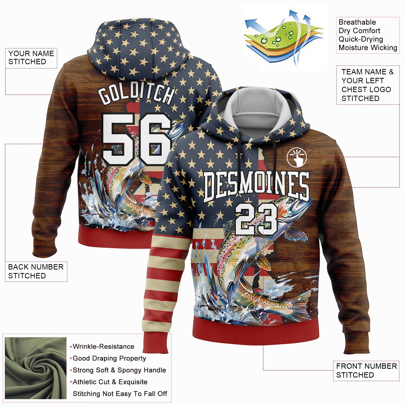 Custom Stitched Navy City Cream Red-Brown 3D American Flag And Rainbow Trout Fish Fishing Sports Pullover Sweatshirt Hoodie view 2