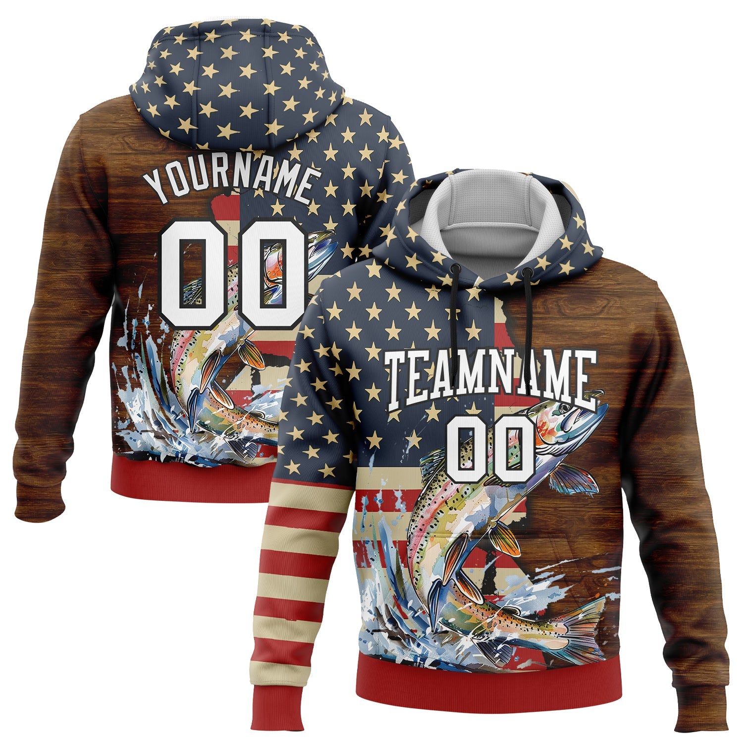 Custom Stitched Navy City Cream Red-Brown 3D American Flag And Rainbow Trout Fish Fishing Sports Pullover Sweatshirt Hoodie - Main View