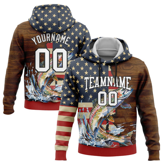 Custom Stitched Navy City Cream Red-Brown 3D American Flag And Rainbow Trout Fish Fishing Sports Pullover Sweatshirt Hoodie - Main View