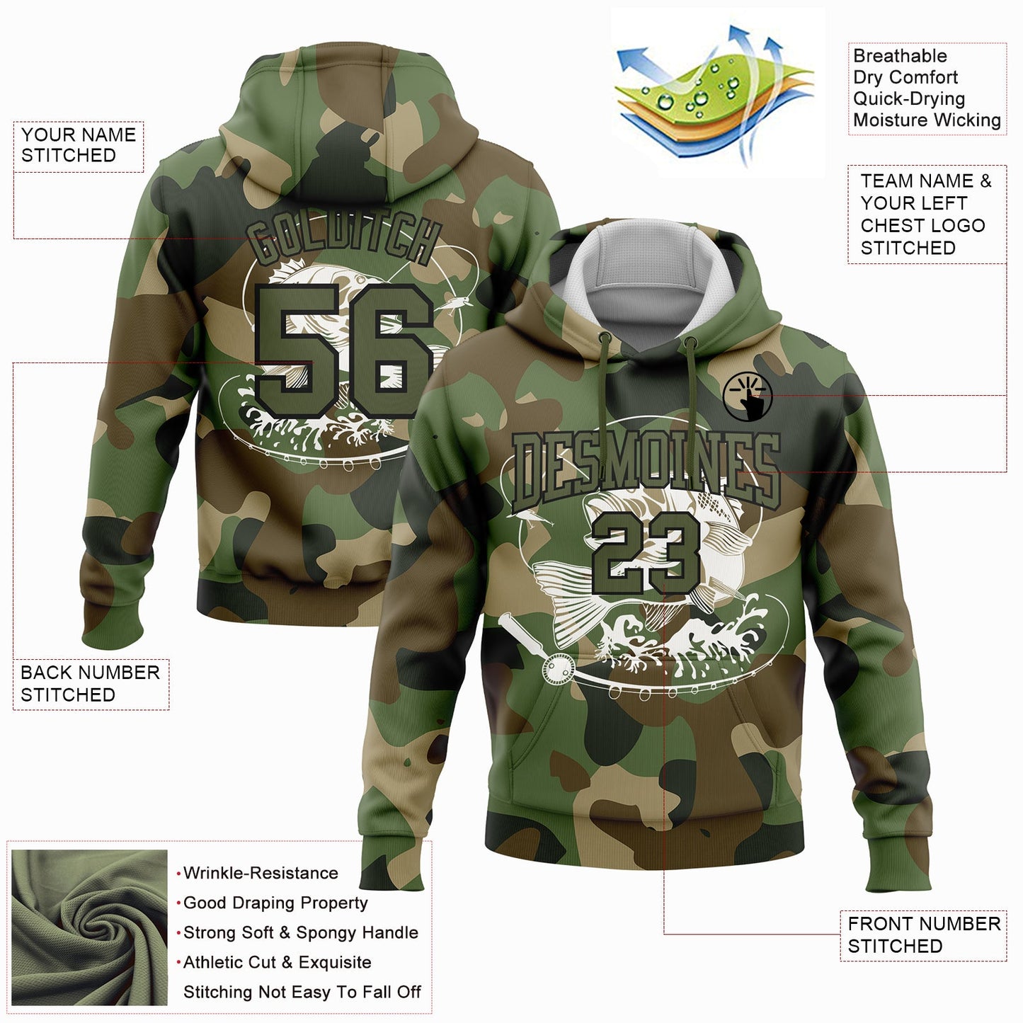 Custom Stitched Camo Olive-Black 3D Smallmouth Bass Fish Fishing Sports Pullover Sweatshirt Hoodie view 2
