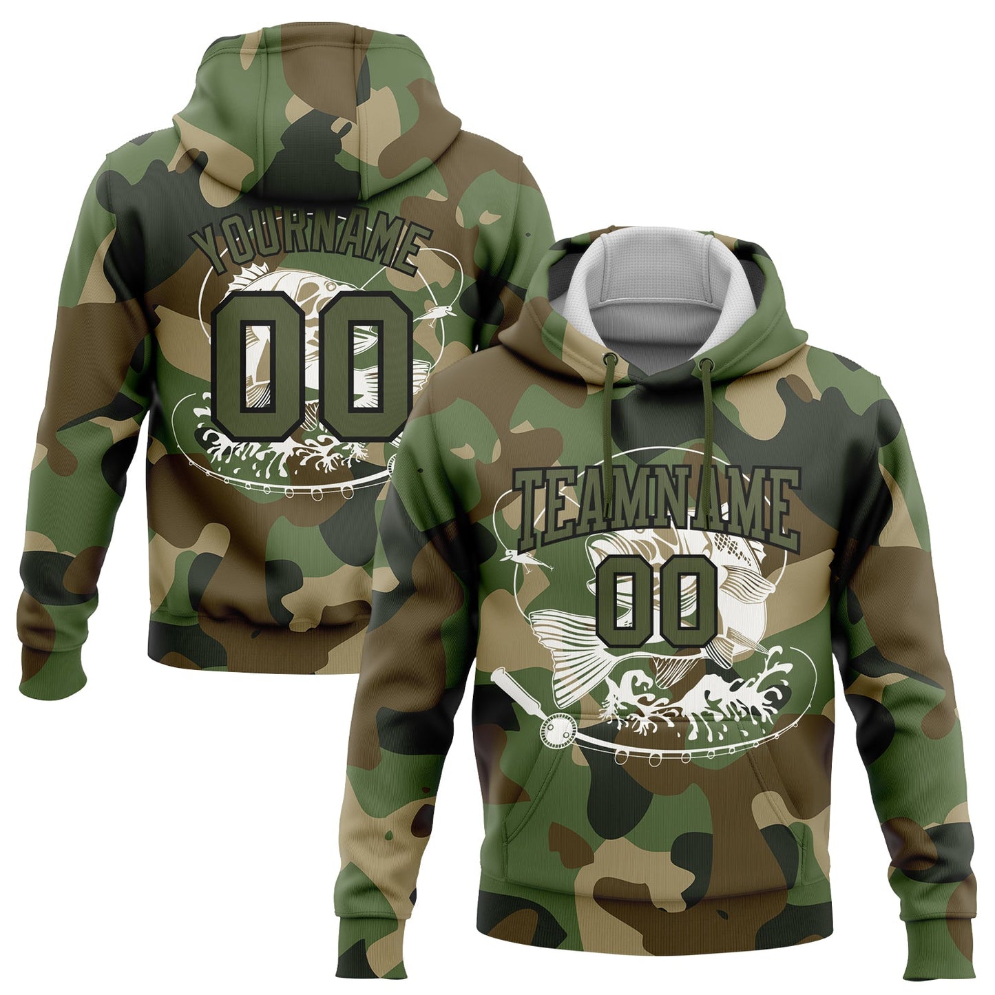 Custom Stitched Camo Olive-Black 3D Smallmouth Bass Fish Fishing Sports Pullover Sweatshirt Hoodie - Main View