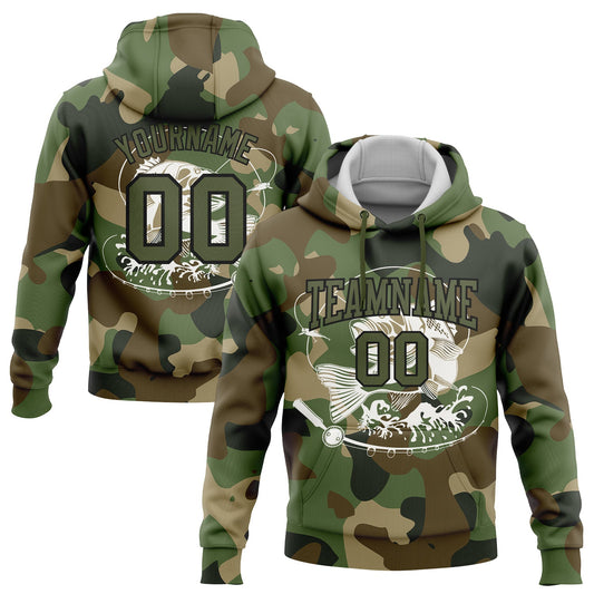 Custom Stitched Camo Olive-Black 3D Smallmouth Bass Fish Fishing Sports Pullover Sweatshirt Hoodie - Main View