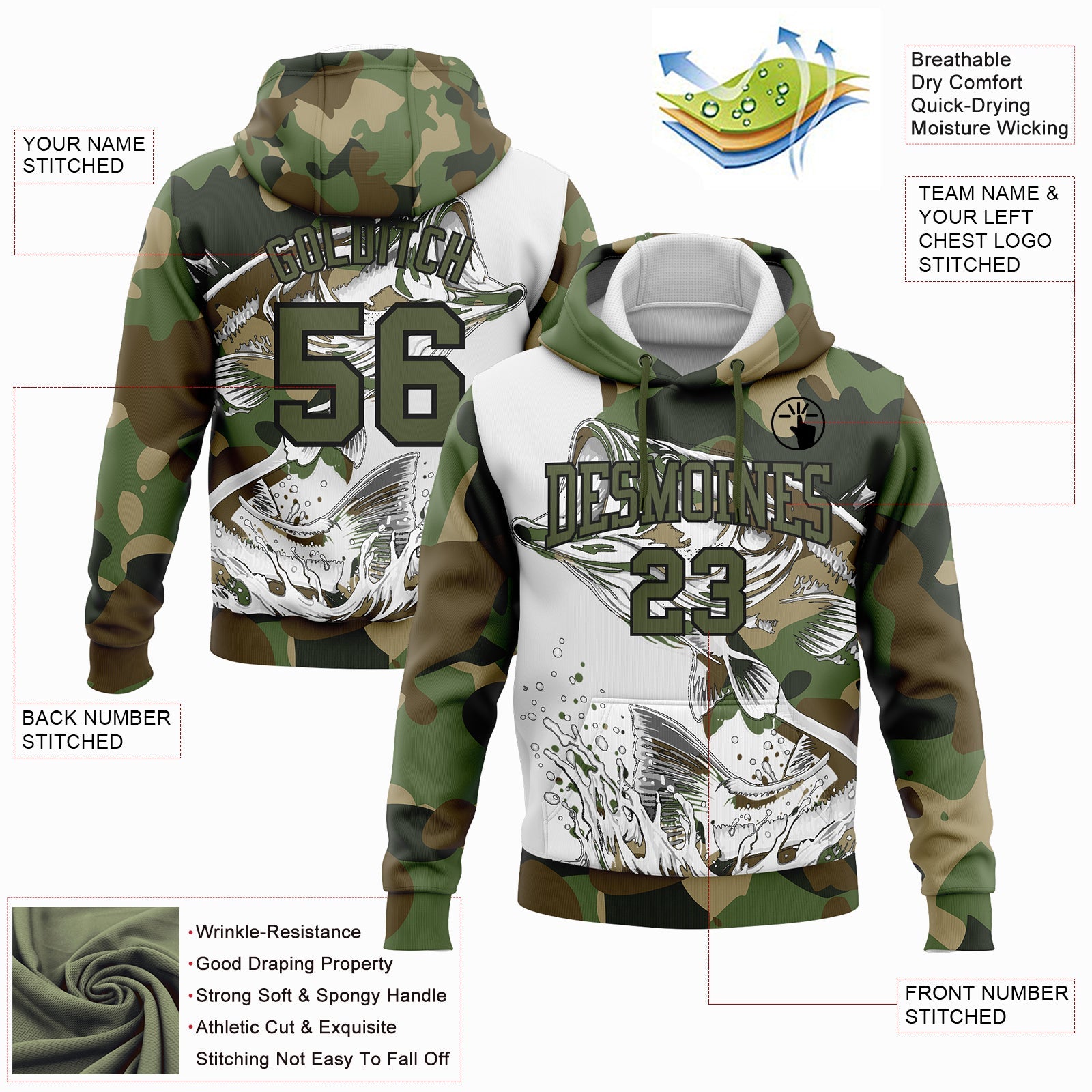 Custom Stitched Camo Olive-Black 3D Largemouth Bass Fish Fishing Sports Pullover Sweatshirt Hoodie view 2