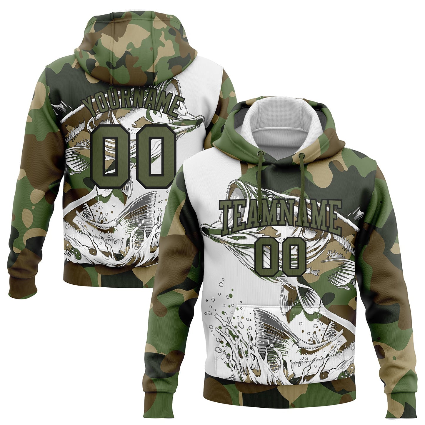 Custom Stitched Camo Olive-Black 3D Largemouth Bass Fish Fishing Sports Pullover Sweatshirt Hoodie - Main View