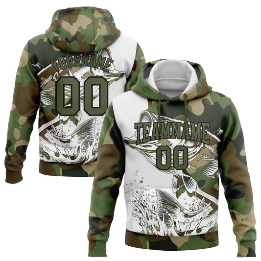 Custom Stitched Camo Olive-Black 3D Largemouth Bass Fish Fishing Sports Pullover Sweatshirt Hoodie - Main View
