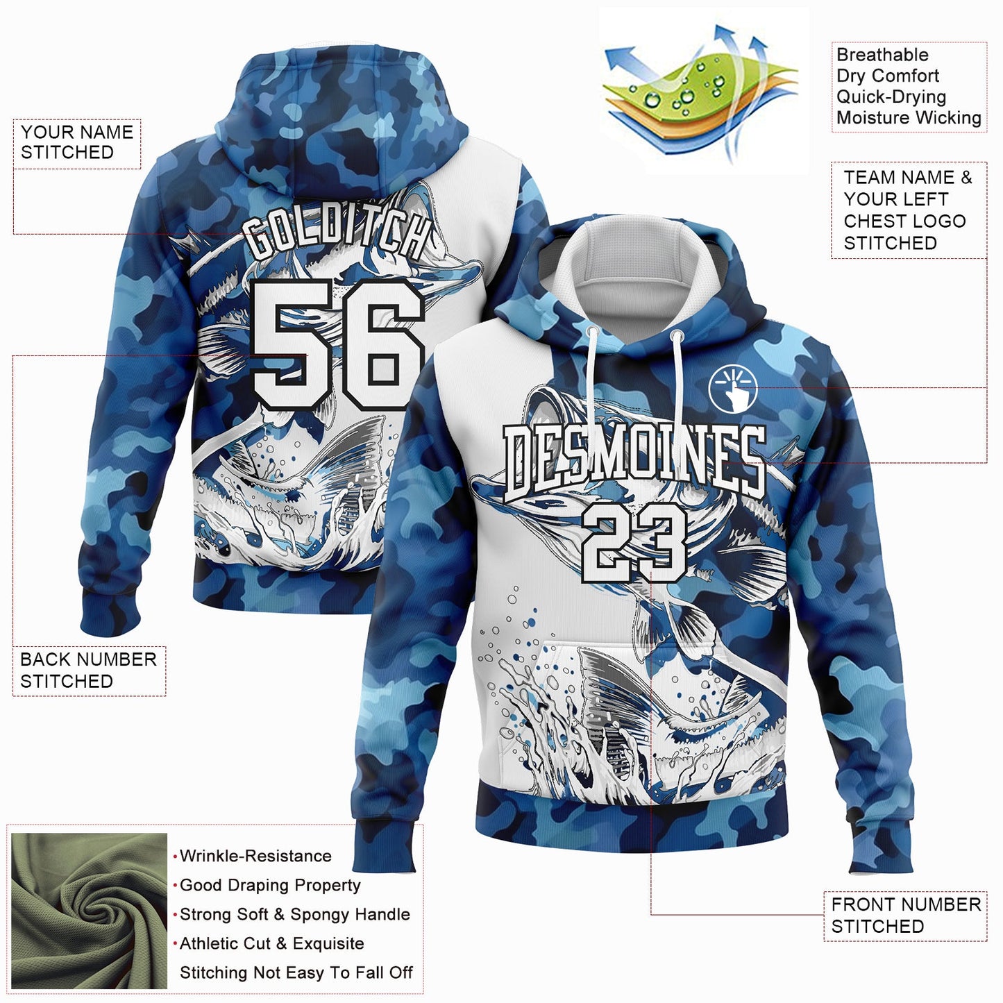 Custom Stitched Camo White-Black 3D Largemouth Bass Fish Fishing Sports Pullover Sweatshirt Hoodie view 2