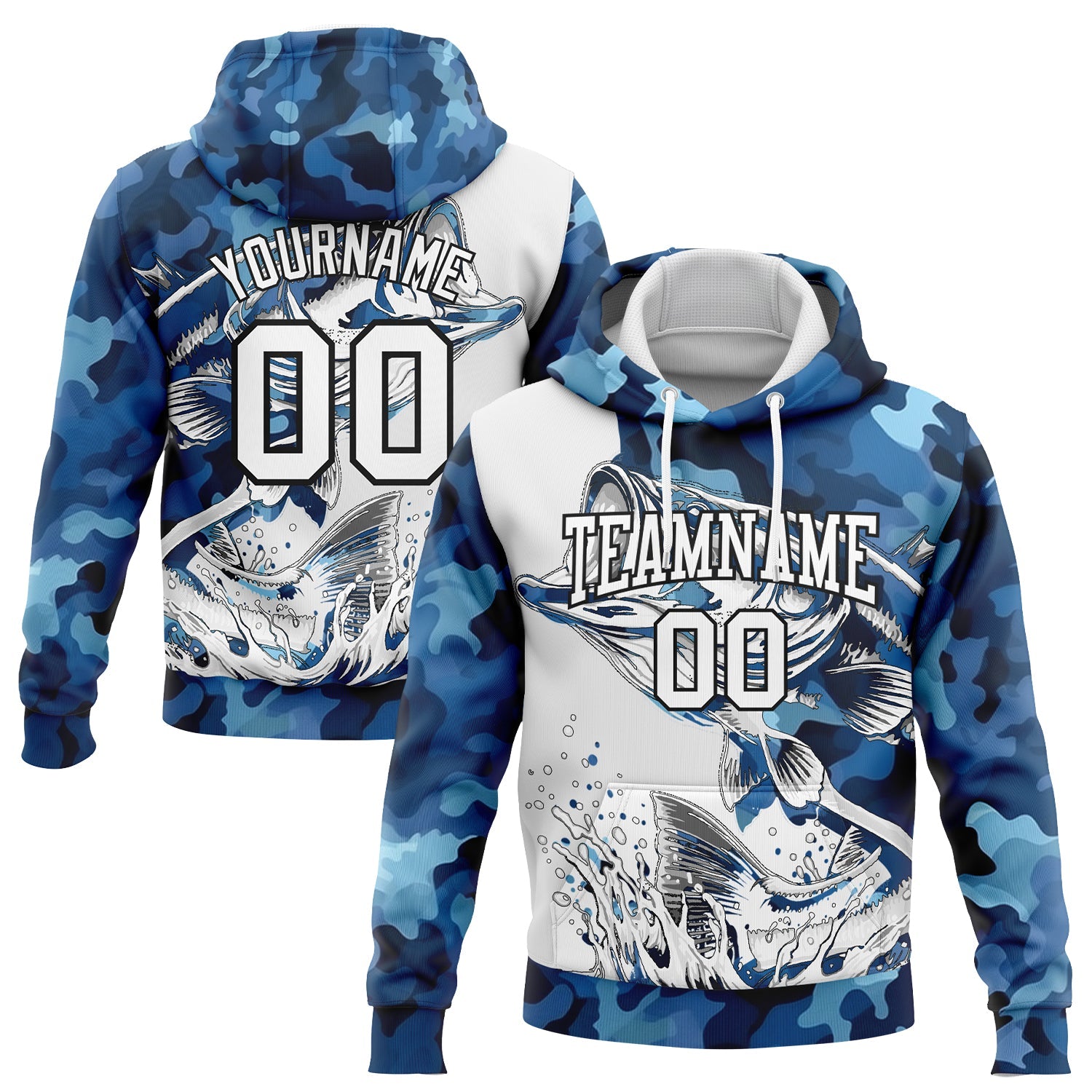 Custom Stitched Camo White-Black 3D Largemouth Bass Fish Fishing Sports Pullover Sweatshirt Hoodie - Main View