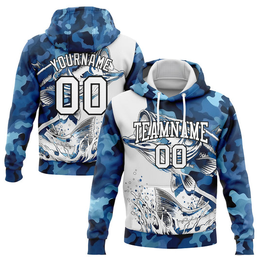 Custom Stitched Camo White-Black 3D Largemouth Bass Fish Fishing Sports Pullover Sweatshirt Hoodie - Main View