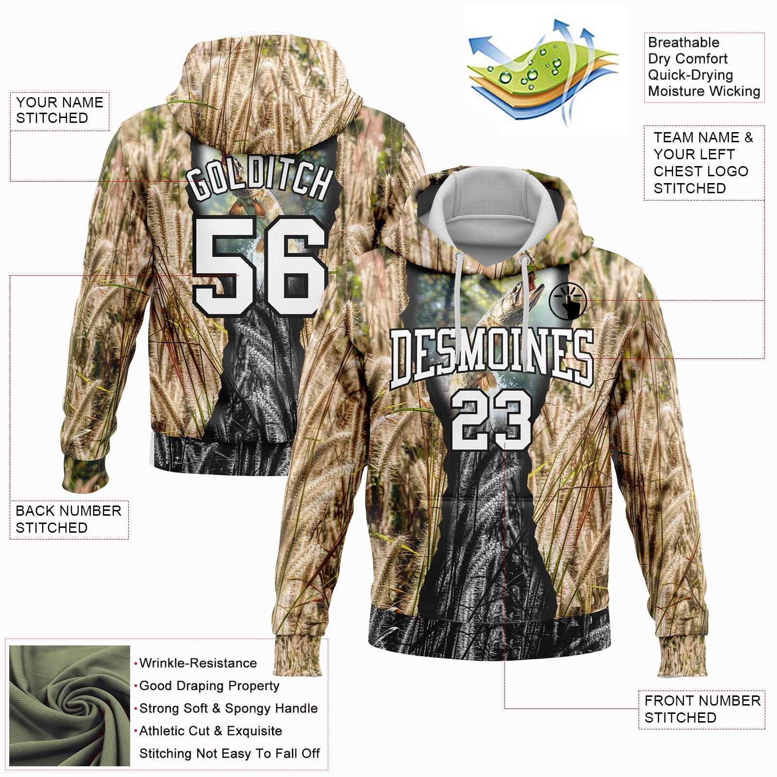 Custom Stitched City Cream White-Black 3D Northern Pike Fish Fishing Sports Pullover Sweatshirt Hoodie view 2